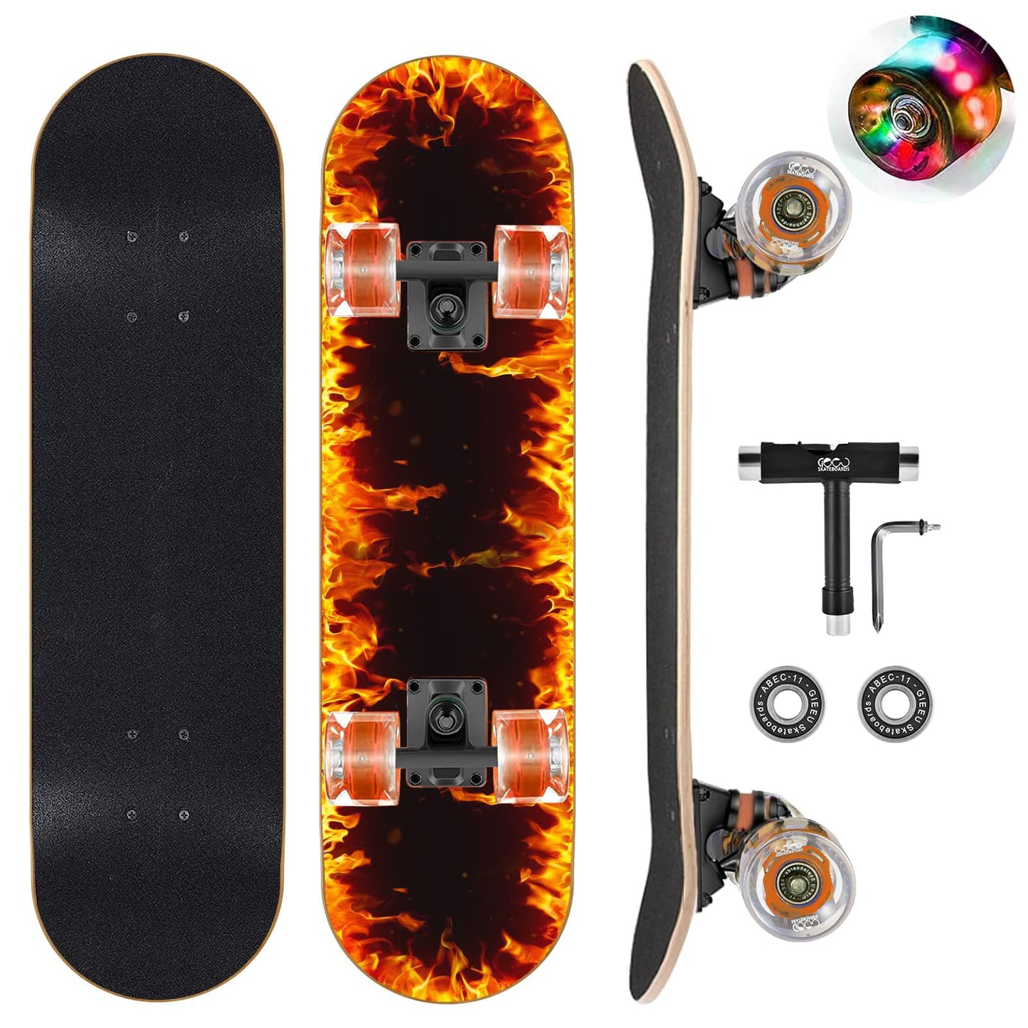 GIEEU Skateboards with Colorful Flashing Wheels for Beginners,Kids,Teens,Adults,31 x 8 Inch Complete Standard Skate Boards 9 Layer Canadian Maple Deck