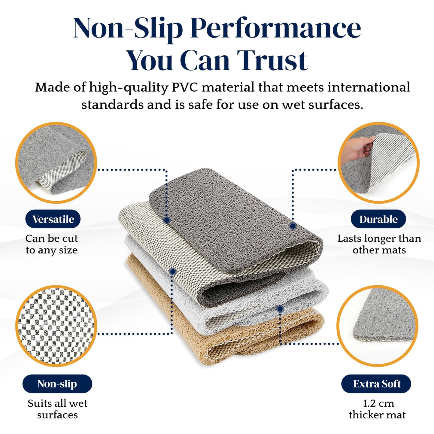 Dikots Soft Shower Mat non slip anti mould 60 x 40 cm - White Loofah style PVC mat for inside shower