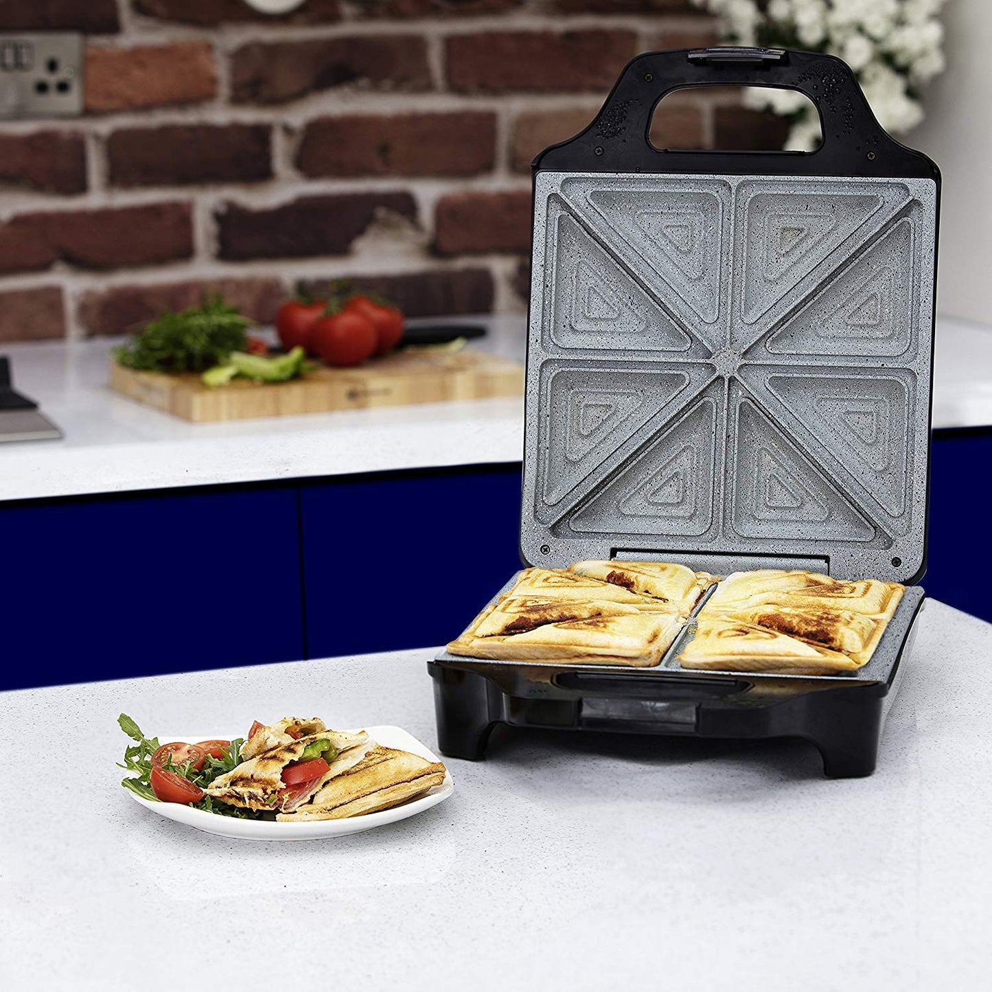 Tower T27021 4 Slice Deep Fill Sandwich Maker with Extra-Deep, Non-Stick Ceramic Coated Plates, Automatic Temperature Control, 1600W, Black