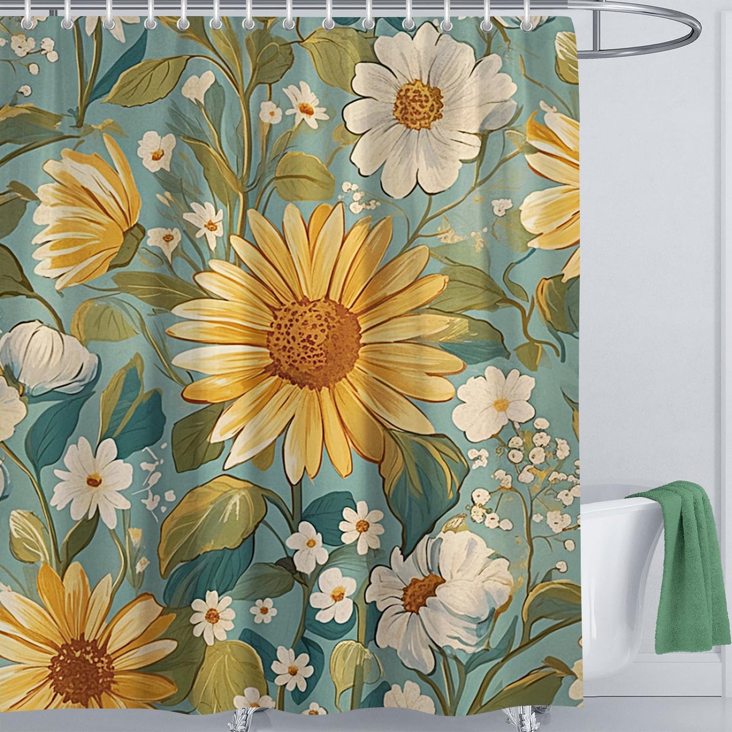 LIVETTY Shower Curtain Floral Shower Curtains Sunflower 180 x 180cm Anti-Mould Proof Polyester Fabric Bath Curtain with 12 Hooks Bathroom Curtain