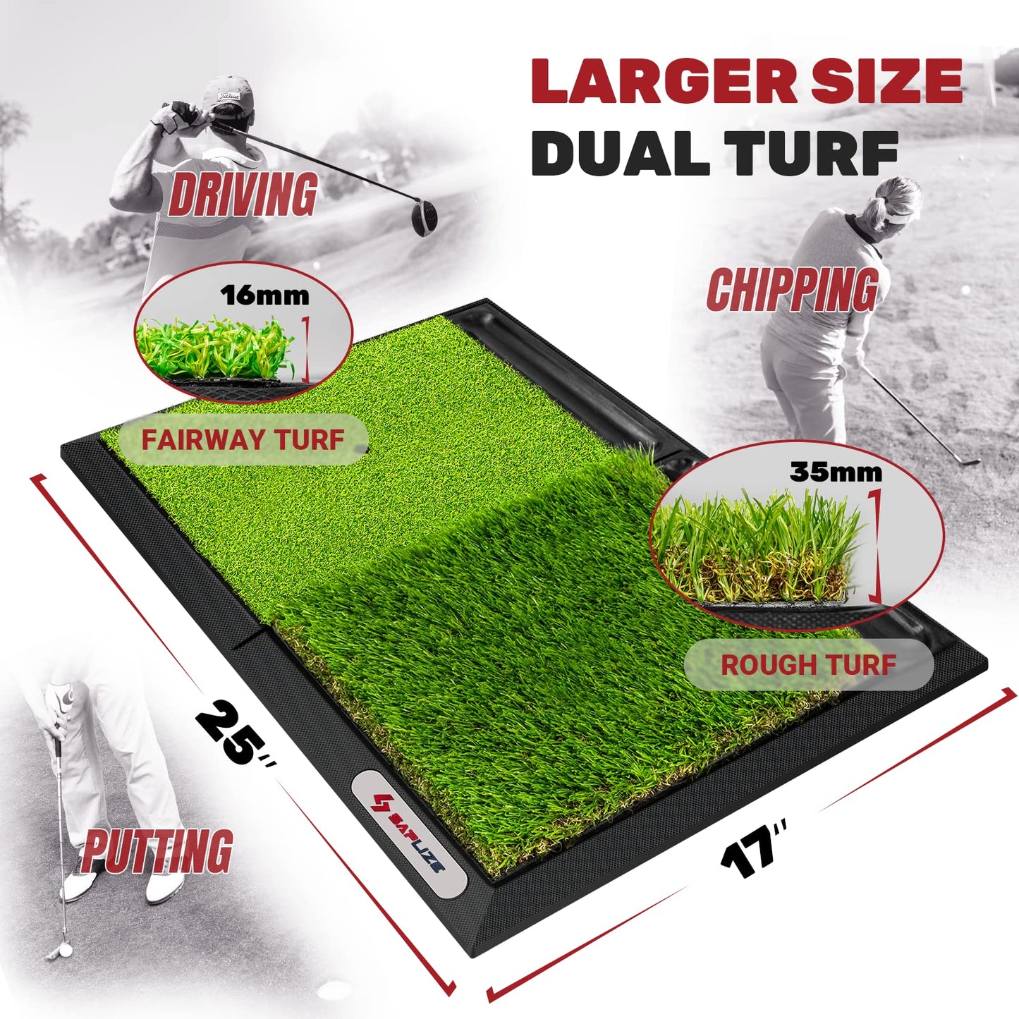 SAPLIZE 25" x 17" Golf Hitting Mat with Ball Tray, Heavy Rubber Base, Fairway & Rough Turf (Golf Tees and Rubber Tee Holder Included), Portable Golf