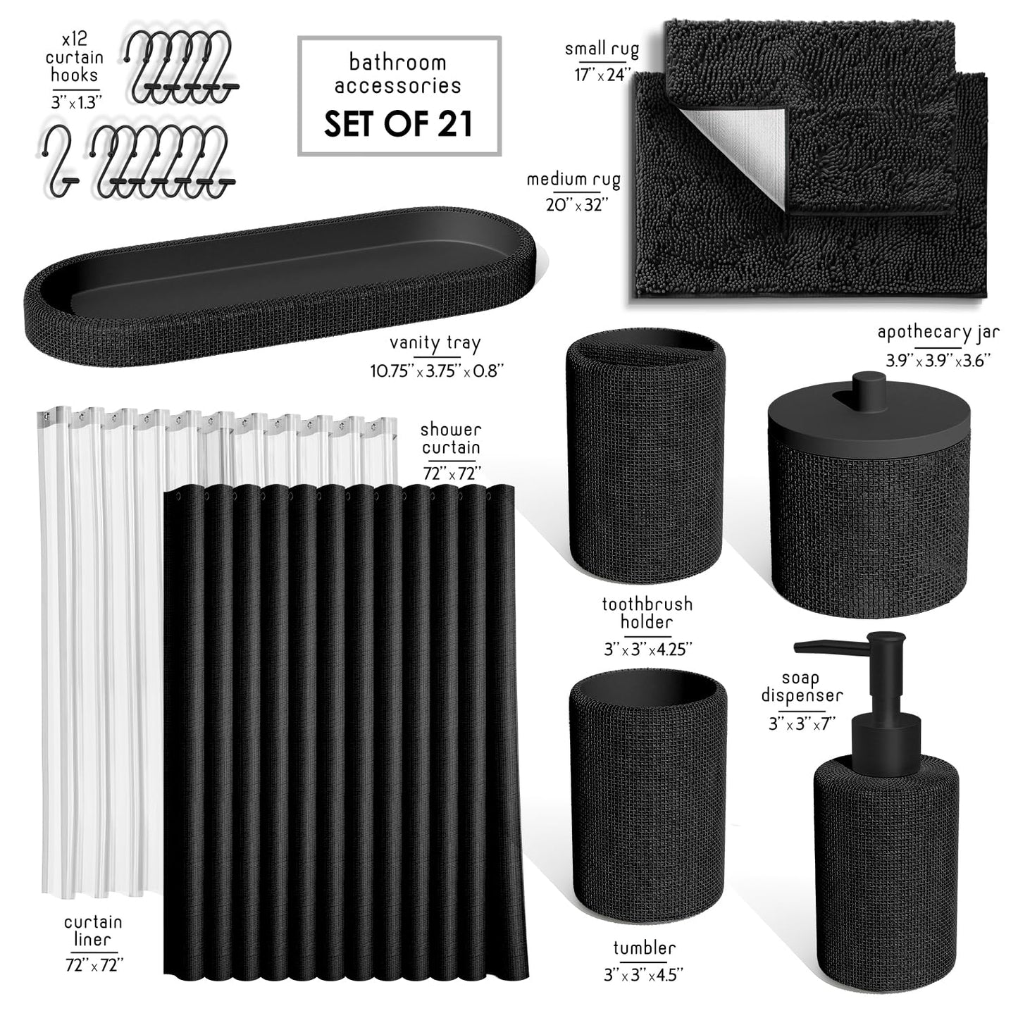 Clara Clark Black Bathroom Set - Bathroom Sets with Shower Curtain and Rugs, 21PC Bathroom Accessory Set