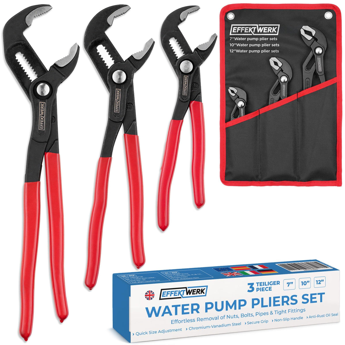 EffektWerk - 3-Piece Water Pump Pliers Set - 18", 25", 30" - Non-Slip Plumbers Wrench, Tongue and Groove Pliers with Adjustable Jaws + Ergonomic
