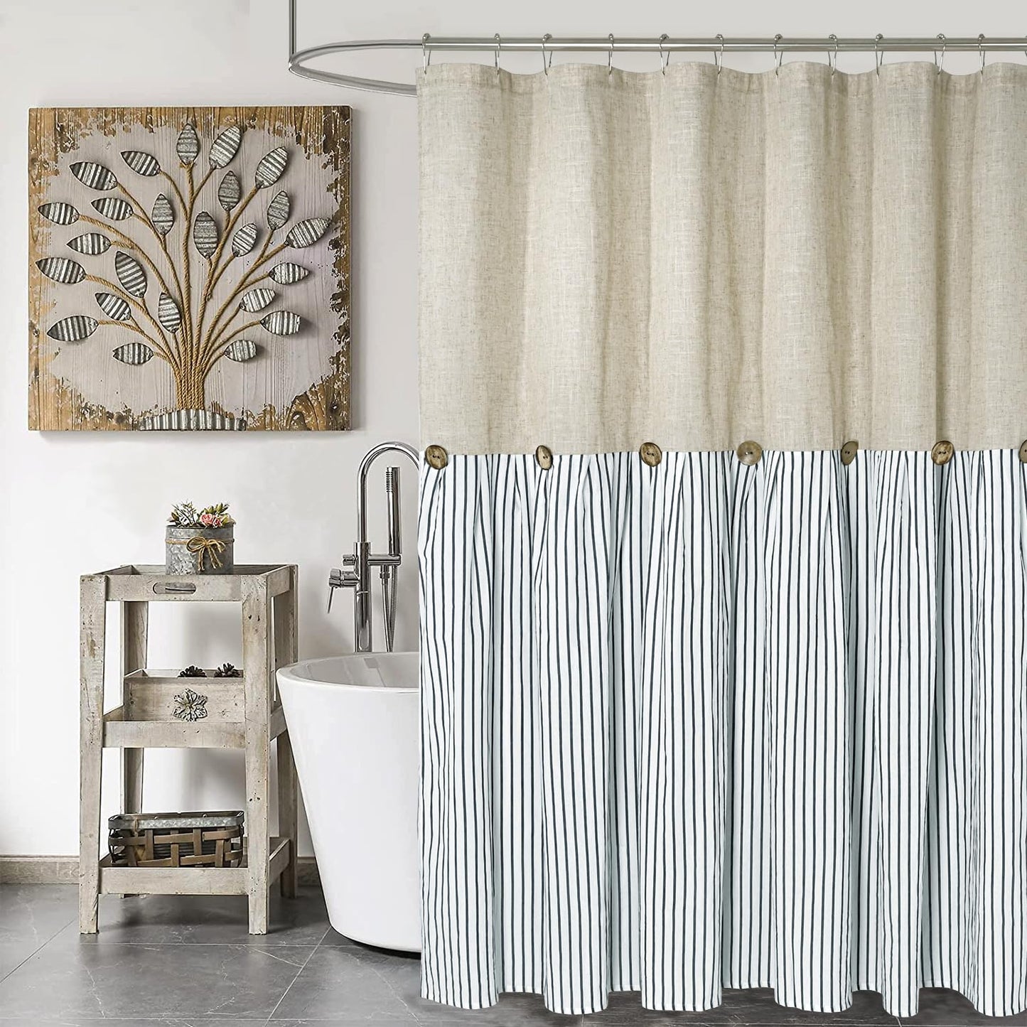 DOSLY ID?ES Country Style Shower Curtain Beige Blue Stripes Button Curtain Linen Fabric Cotton Rustic Charm Country Elegant Style 183x183cm