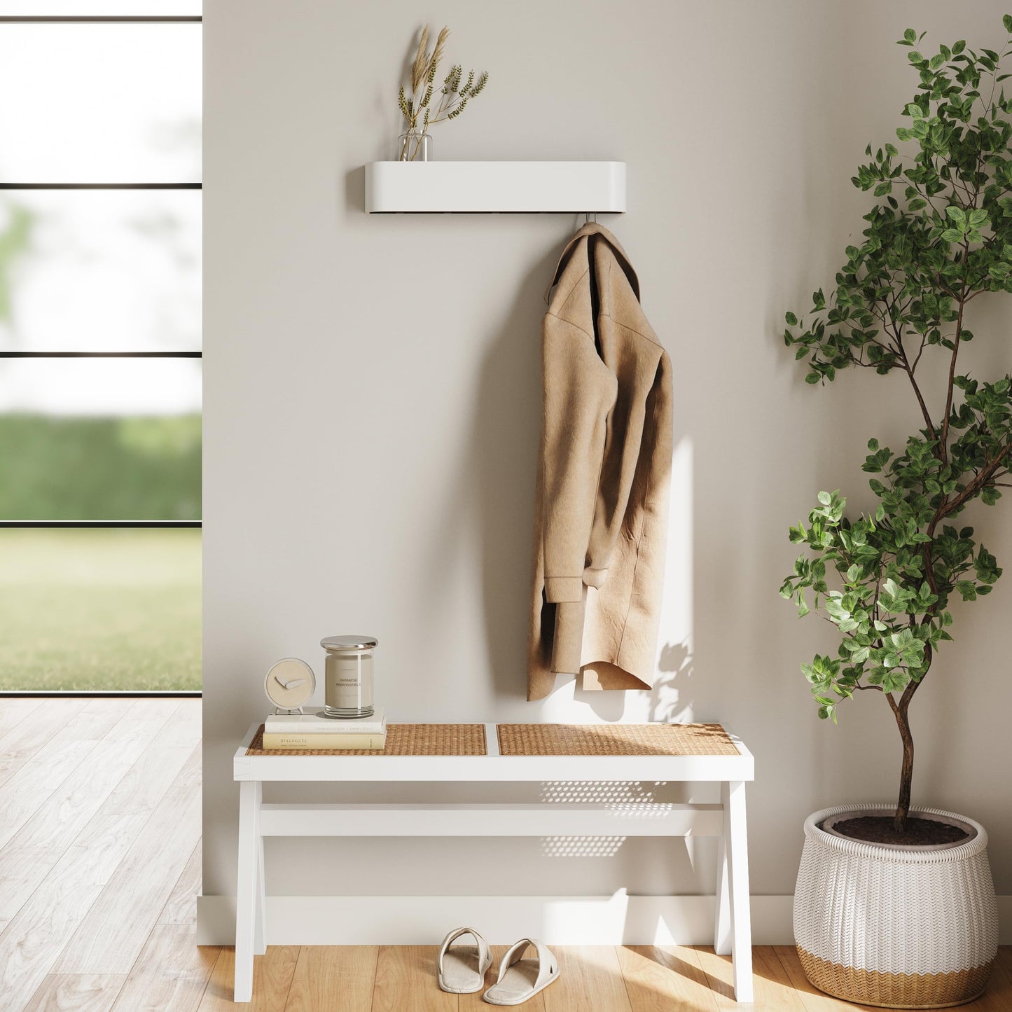 Kazai. Wall-Mounted Coat Rack 'Toke' | Modern Design Coat Rack with Hidden Wall Hooks | Solid Wood Veneer Panel Coat Hanger | White