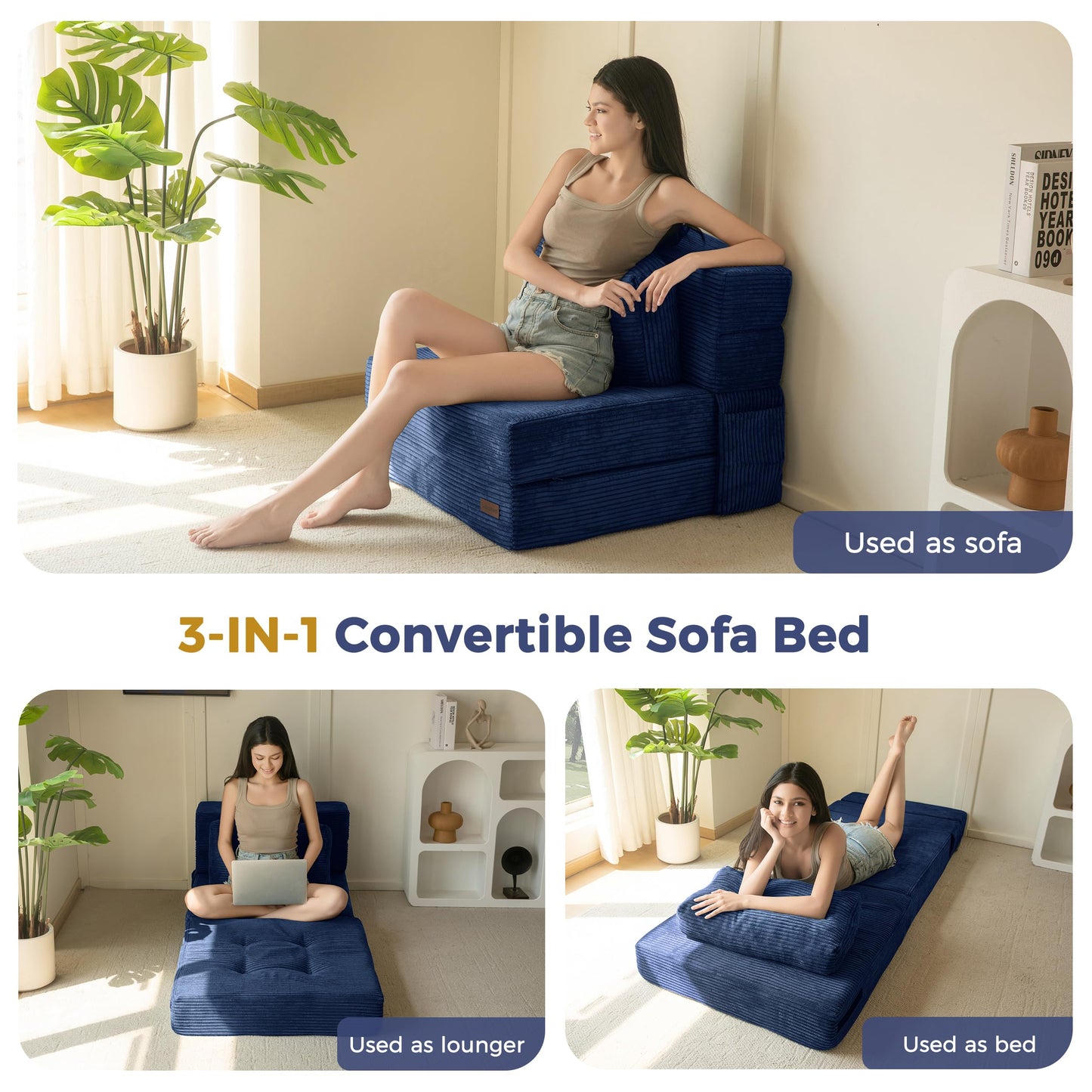 MAXYOYO Folding Foam Sofa Bed, Tri-Fold Mattress with 1 Pillow, Convertible Sofa Chair Futon Z Bed with 15cm Thincken Foam