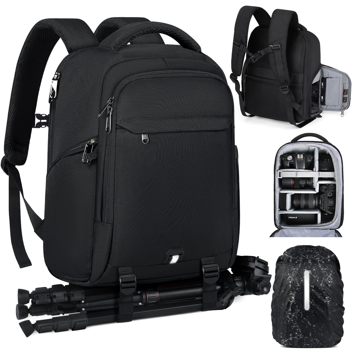 RAINSMORE Camera Bags for Photographers Camera Backpack with 15.6 inch Laptop Compartment Professional DSLR SLR Camera Bag Raincover Men Women for