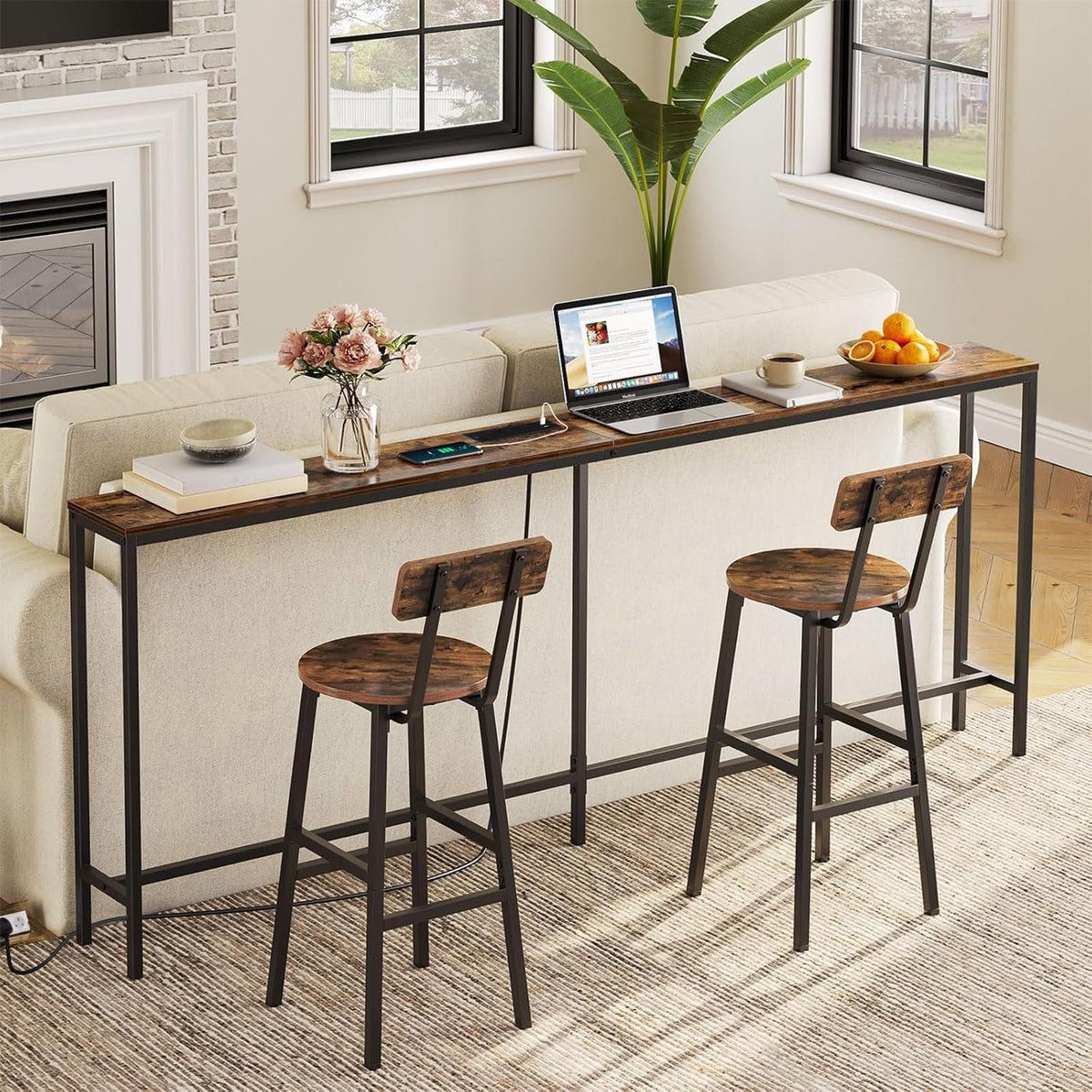 MAHANCRIS Console Table with Power Outlet, 200 CM Narrow Sofa Table, Industrial Entryway with USB Ports, Behind Couch Table for Entryway, Hallway,
