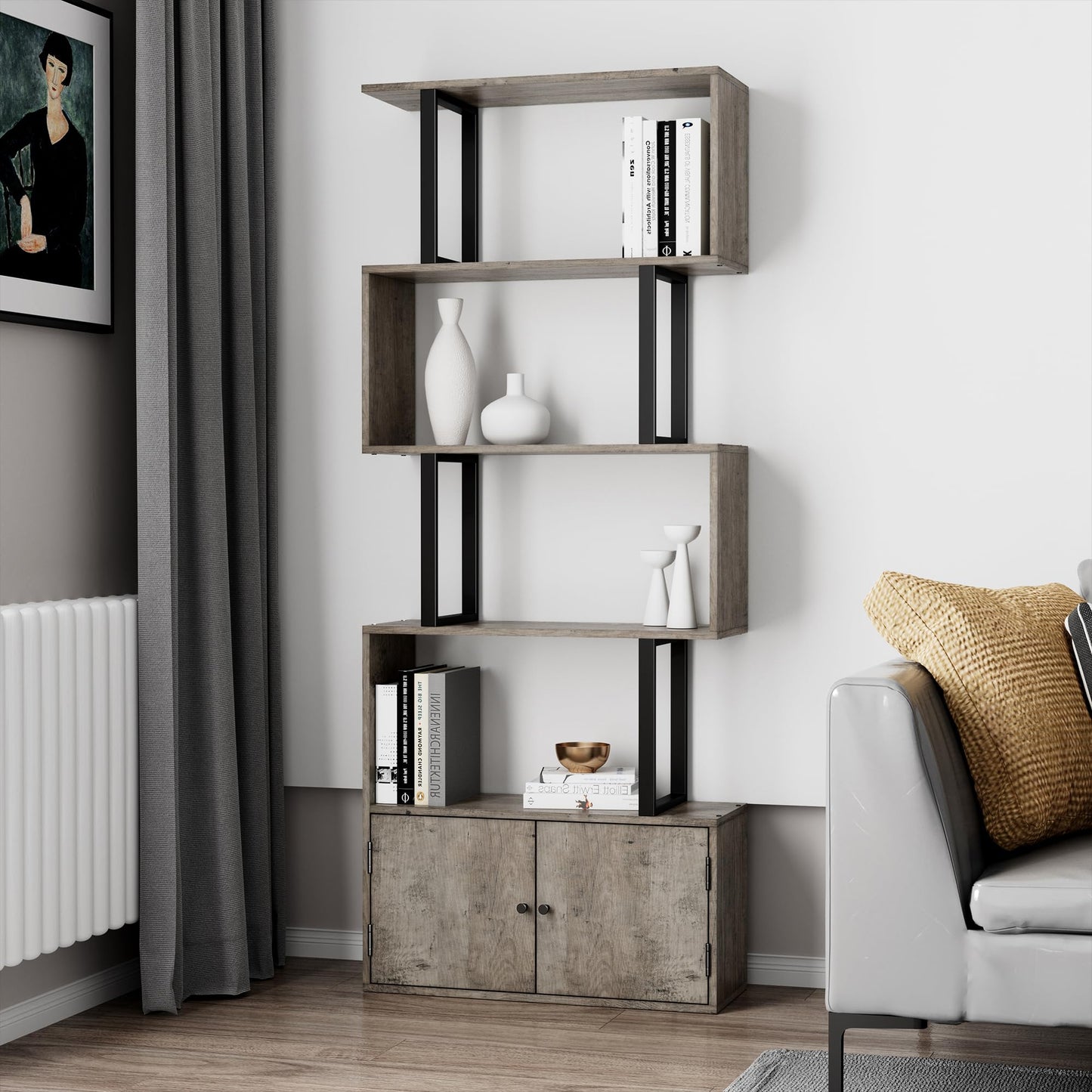PADMA HOUSE Geometric Bookcase, Wood Display Shelves With Storage,Industrial Bookshelf for Living Room Bedroom, Home Office (Mottled Grey 1)