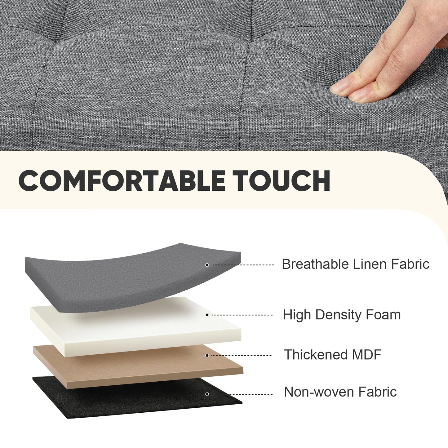 PINPLUS Linen Ottoman Storage Box with Lid, 42x32x32 cm, Grey