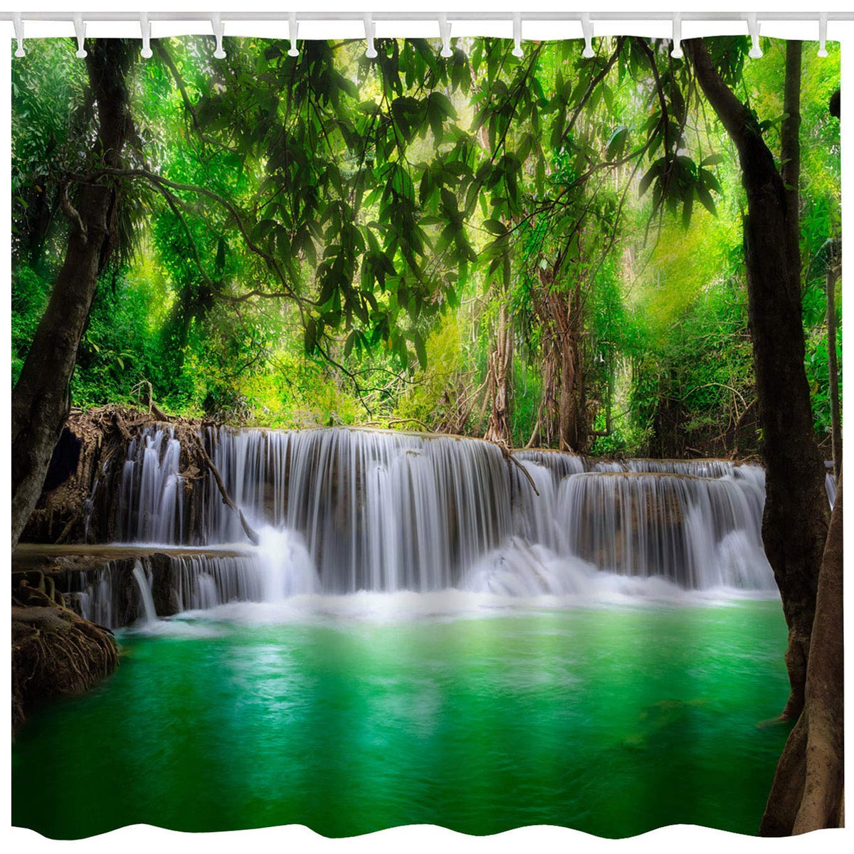 JOOCAR Bathroom Decorative, Green Lake Summer Waterfall in Forest Woodland Nature Jungle Scenery Art Printing Brown White, Waterproof Polyester Fabric