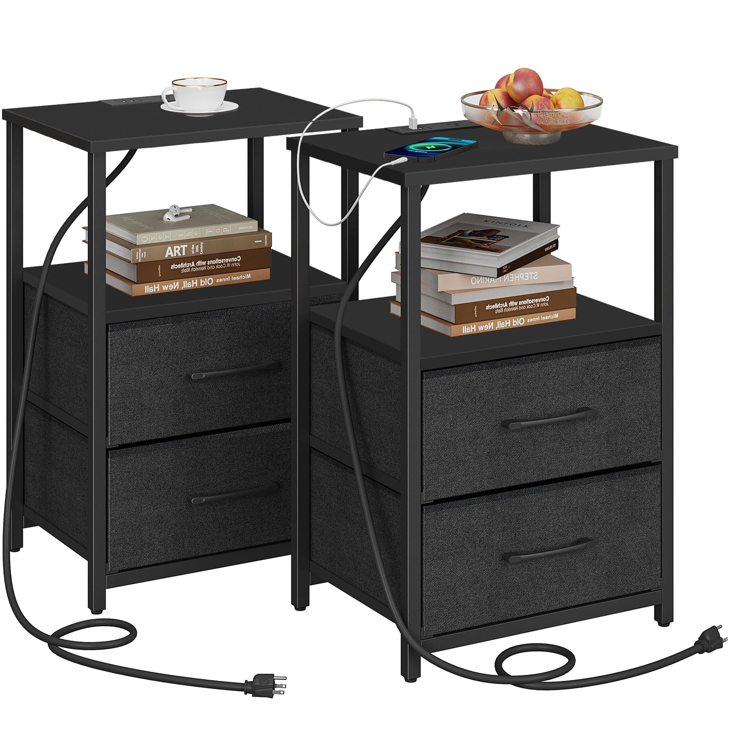 TUTOTAK Bedside Table with Charging Station, Side Table with 2 USB Ports and Outlets, Nightstand with Cloth Drawer, Set of 2, End Table