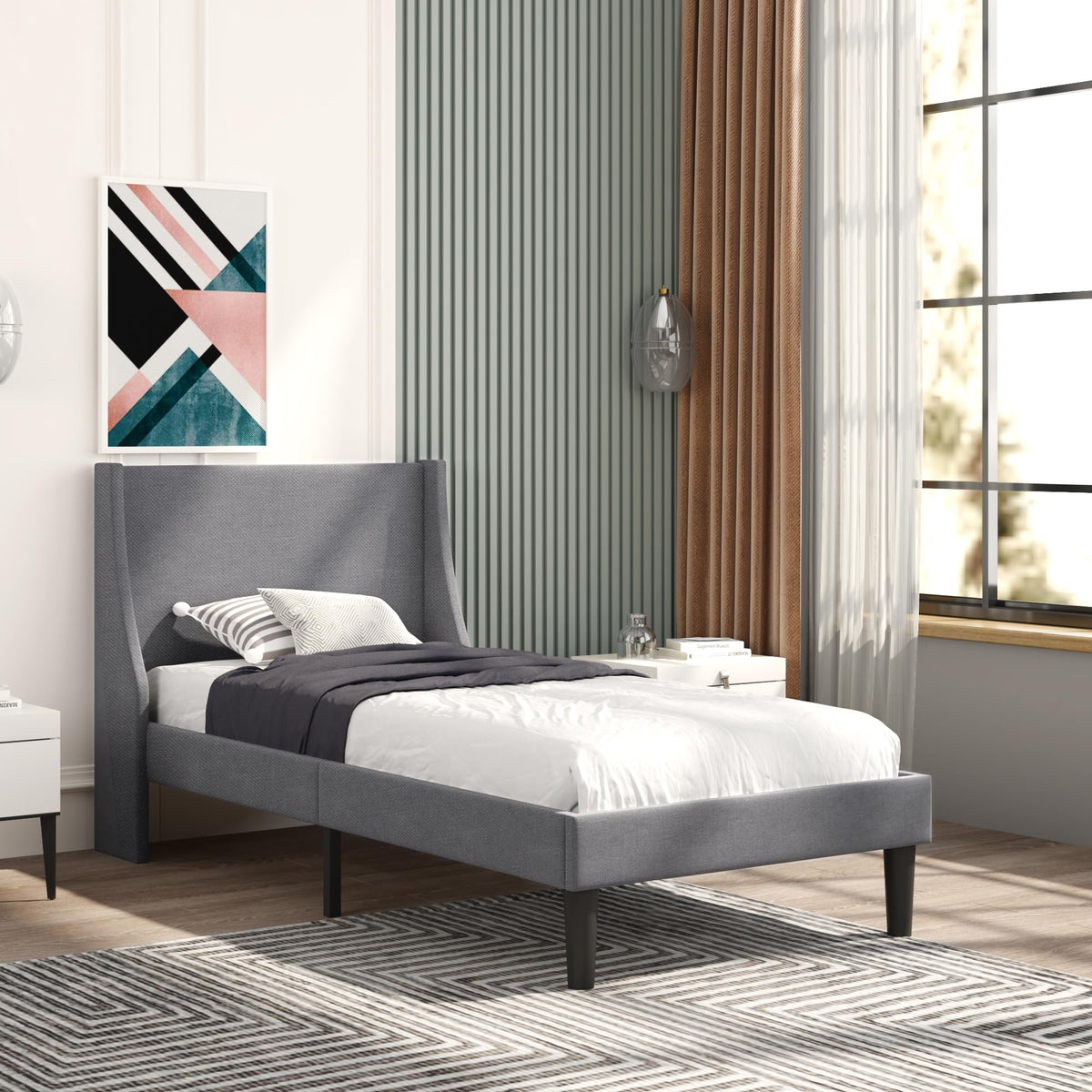 Merax 3FT Single Bed, Upholstered Bed Frame with Broad and Thick Winged Headboard, Sturdy Wood Slat Support, Soft Linen Grey, 90x190cm