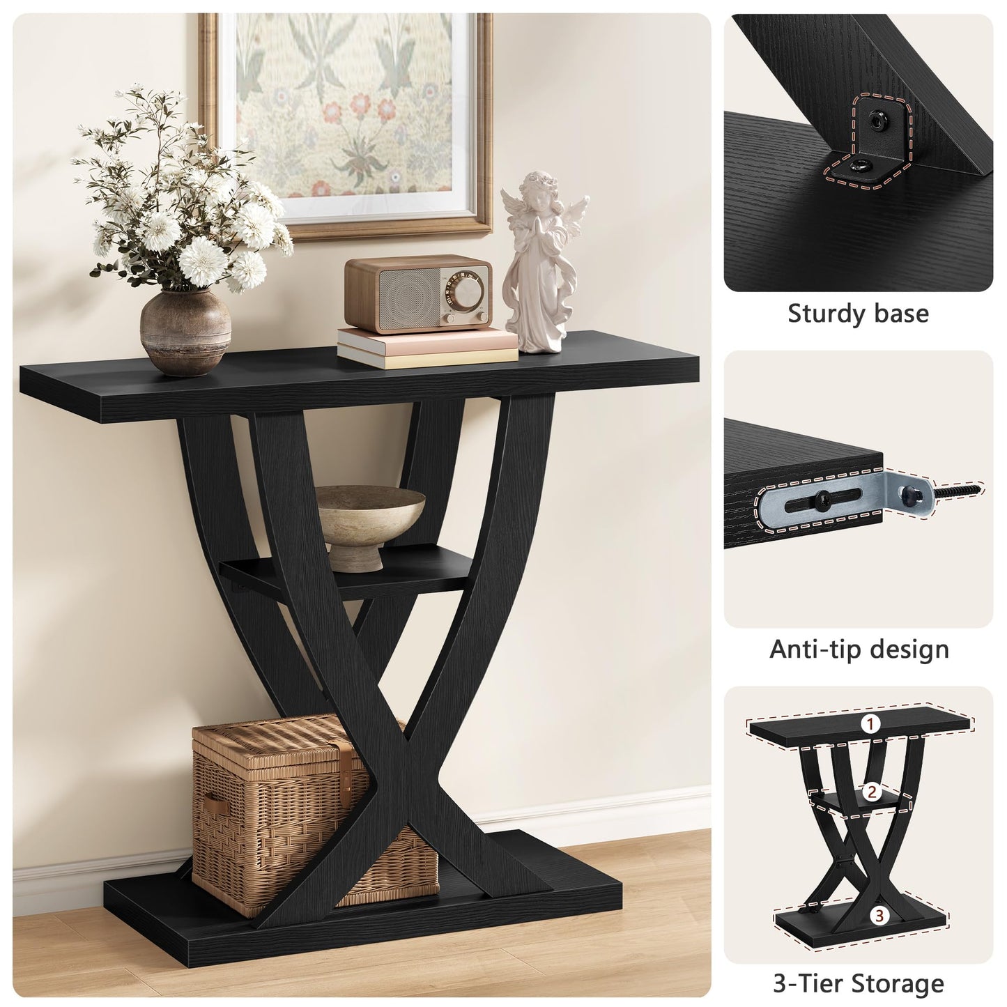 FAVOOSTY Slim Console Table for Hallway, 3-Tier Half Moon Narrow Entryway Table with Shelves, Industrial Behind Sofa Table