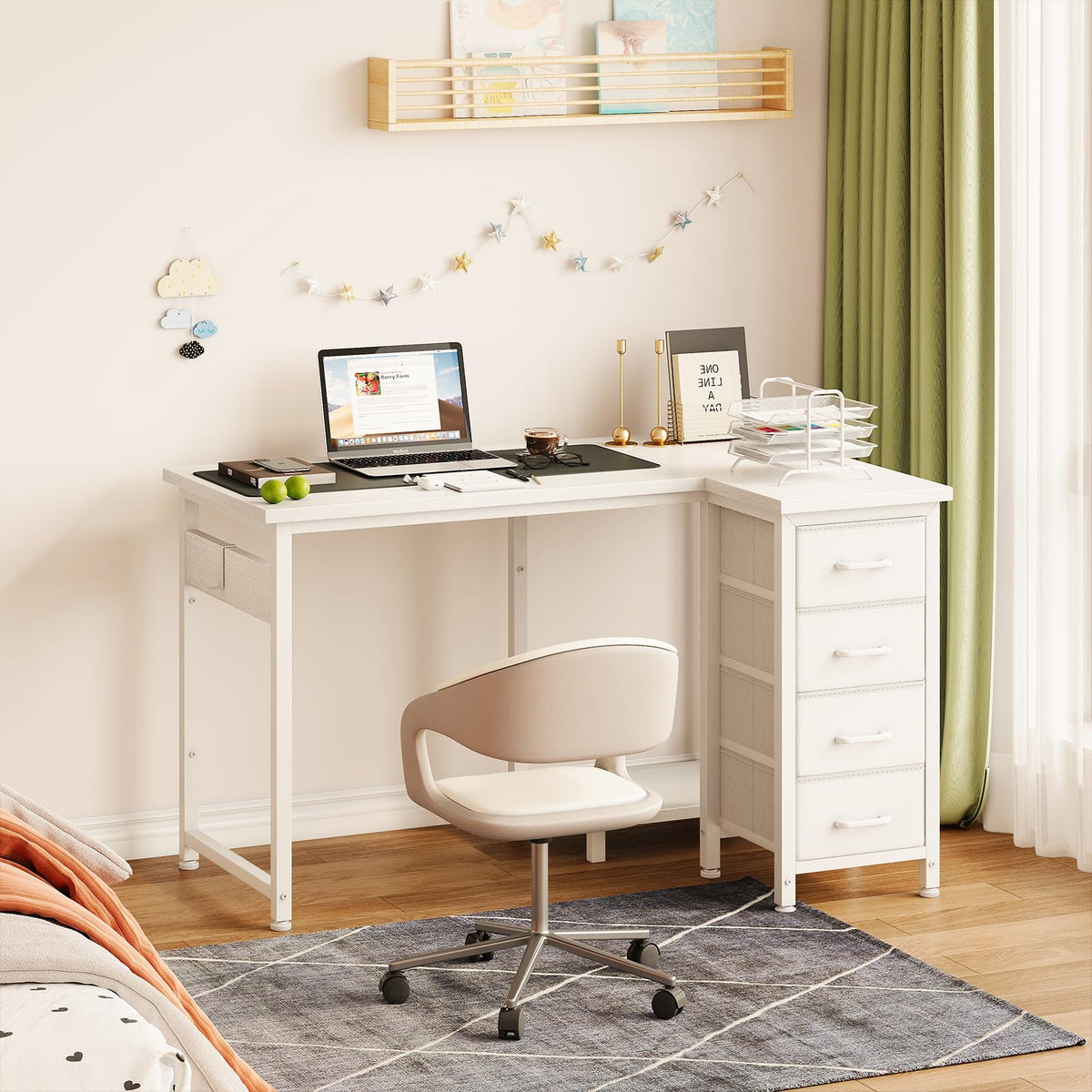 Coleshome Small Corner Desk with Drawers for Home Office, 100x70 cm, White