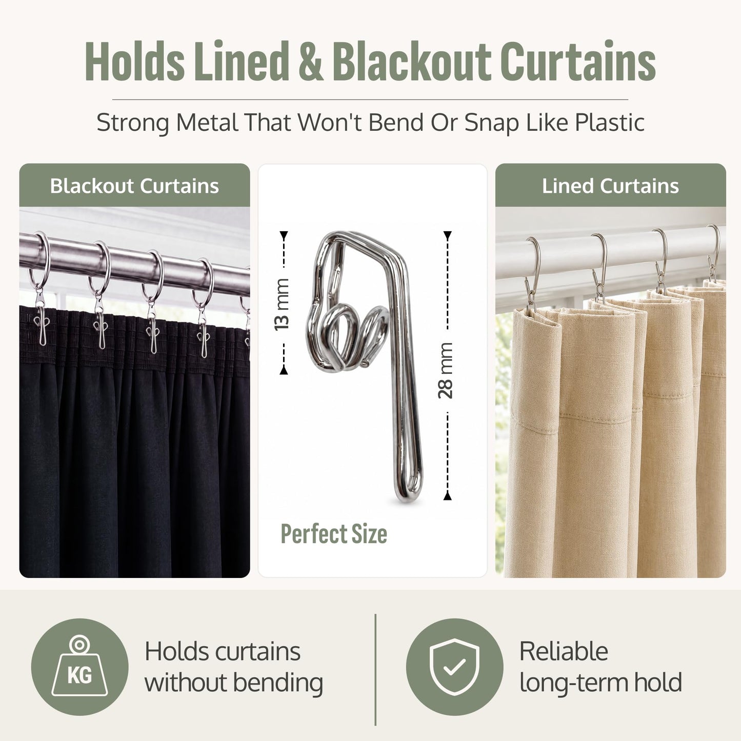 Metal Curtain Hooks - Heavy Duty Zinc Plated Curtain Hooks, 50 Pack for Pencil Pleat & Pinch Pleat Curtains, Heading Tape, Pole Rings, Tracks