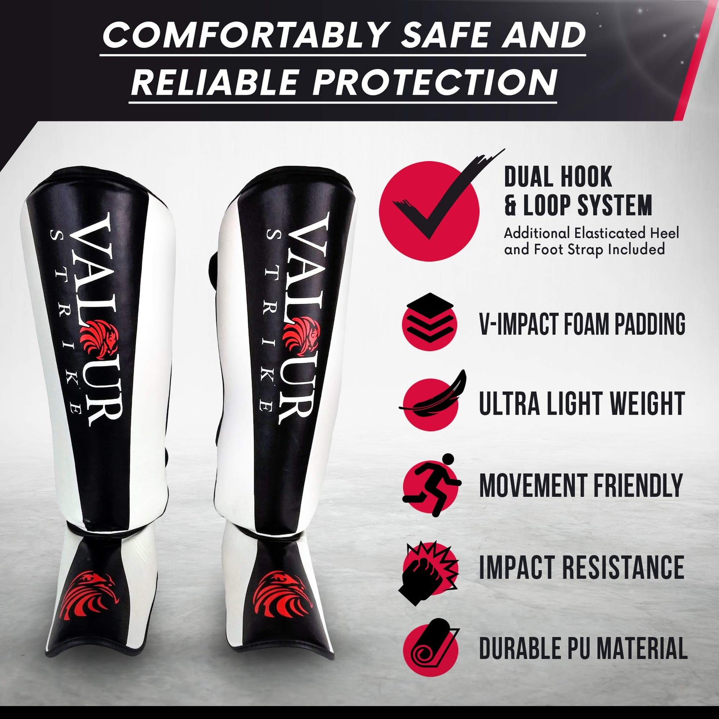 Valour Strike Shin Guards for Kickboxing Muay Thai MMA Karate Martial Arts Taekwondo or Kick Boxing | Sparring Pads to Guard Leg Foot & Instep |