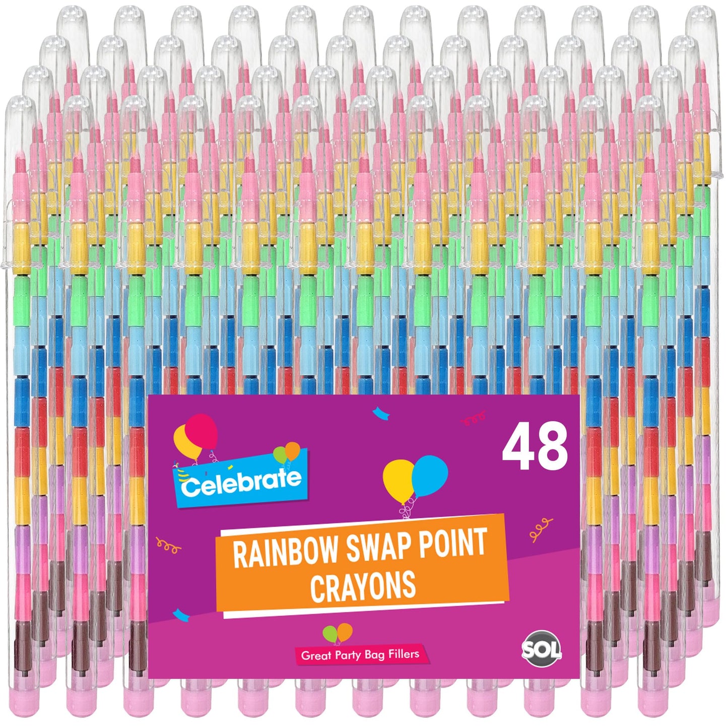 SOL 48pk Rainbow Swap Point Crayons, Twistable Crayons for Party Bags, 10 Assorted Stacking Colour, No Sharpening Required, Durable & Child-Friendly