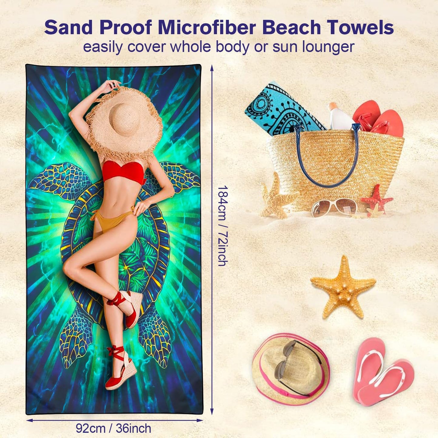 Violetpos Radiant Sea Turtle Beach Towel, Extra Large 180x90 cm 250GSM Microfibre, Sand Free Quick Dry