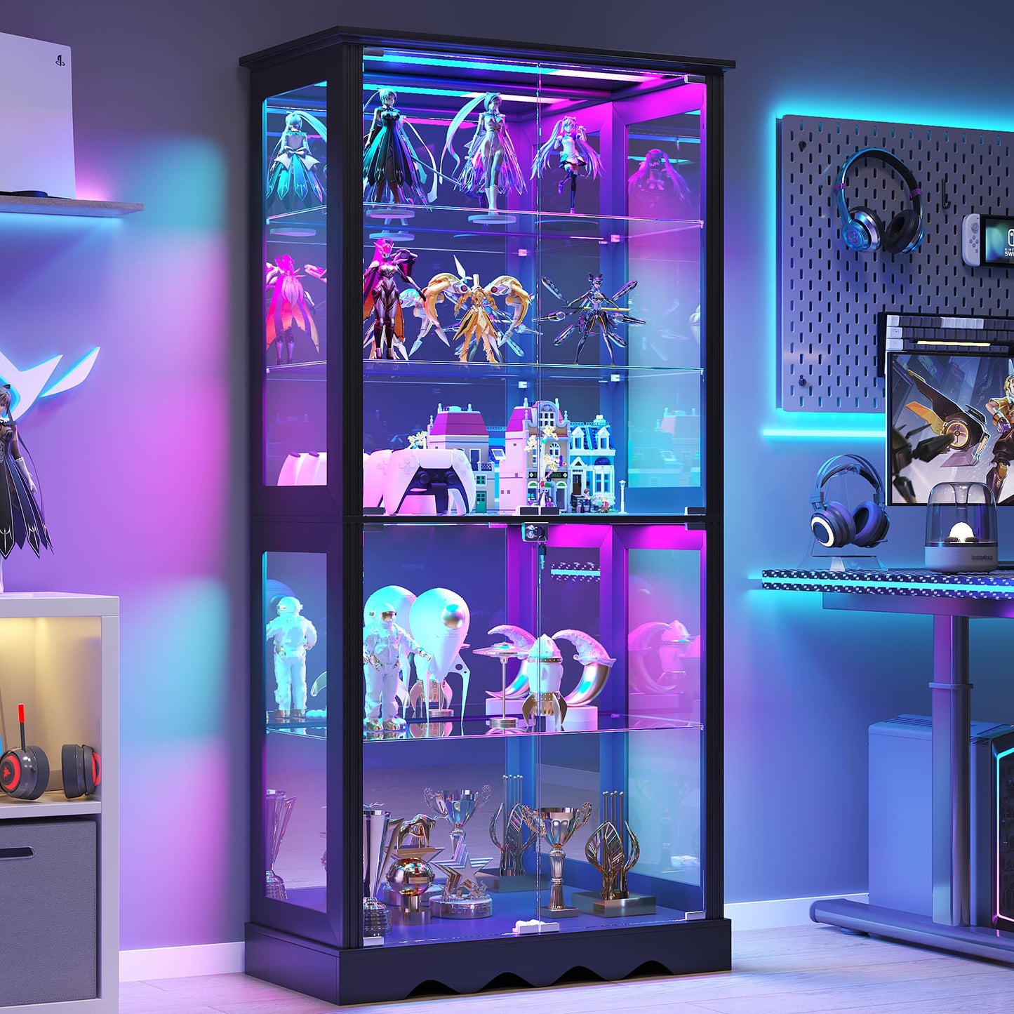 FREDEES Glass Display Cabinet with Lock and RGB Lights, 5-Tier, Black