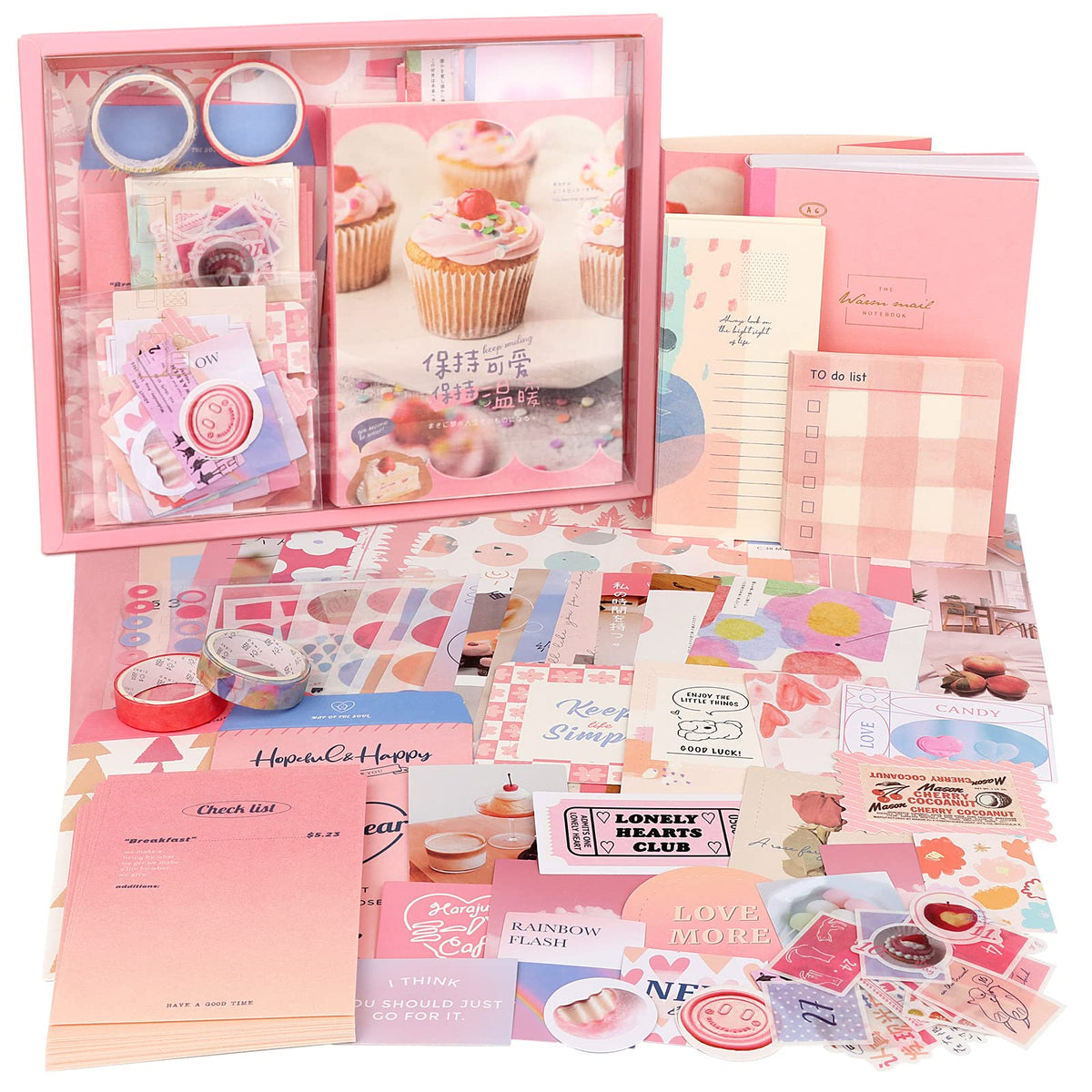 Draupnir Pink Cute Kawaii Scrapbook Kit(348pcs), Bullet Junk Journal Kit with Journaling/Scrapbooking Supplies, Stationery, A6 Grid Notebook with