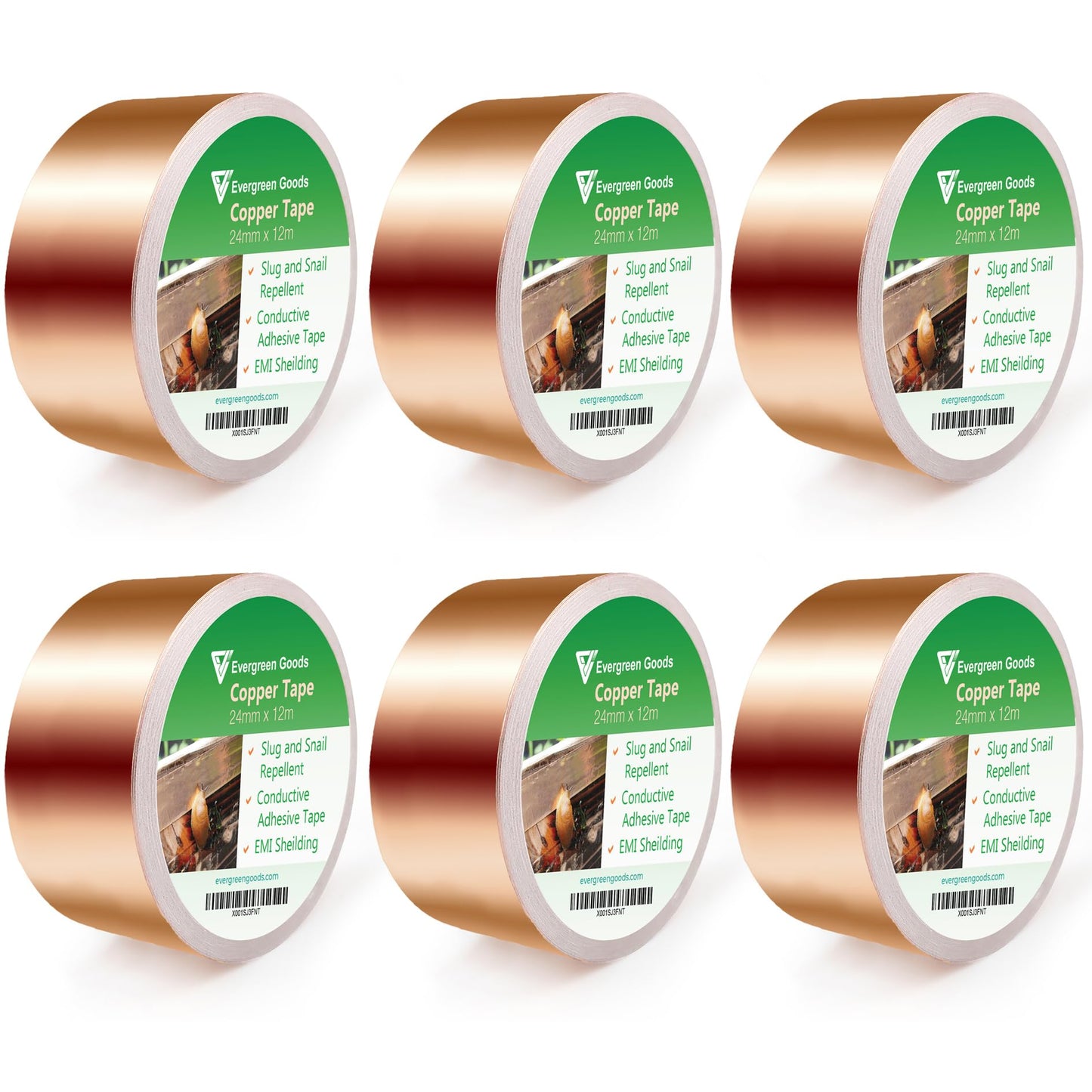 EVG 24mm x 12m Copper Slug Tape | Adhesive Copper Slug Snail Repellent | Slug Deterrent Barrier Tape | Humane Pest Control (6 Roll)