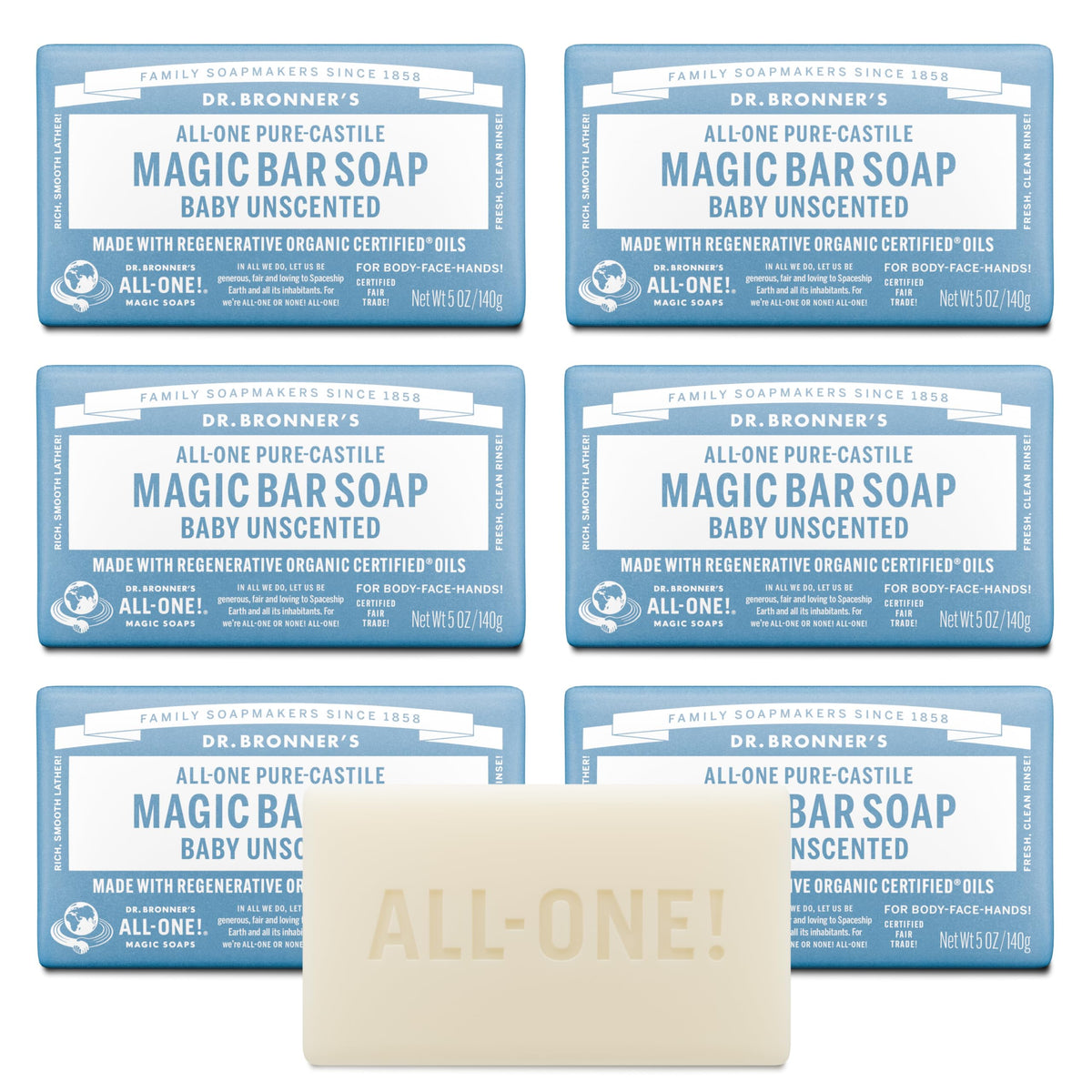 Dr. Bronner's Pure-Castile Bar Soap - Baby Unscented, 5 oz (6 Pack)