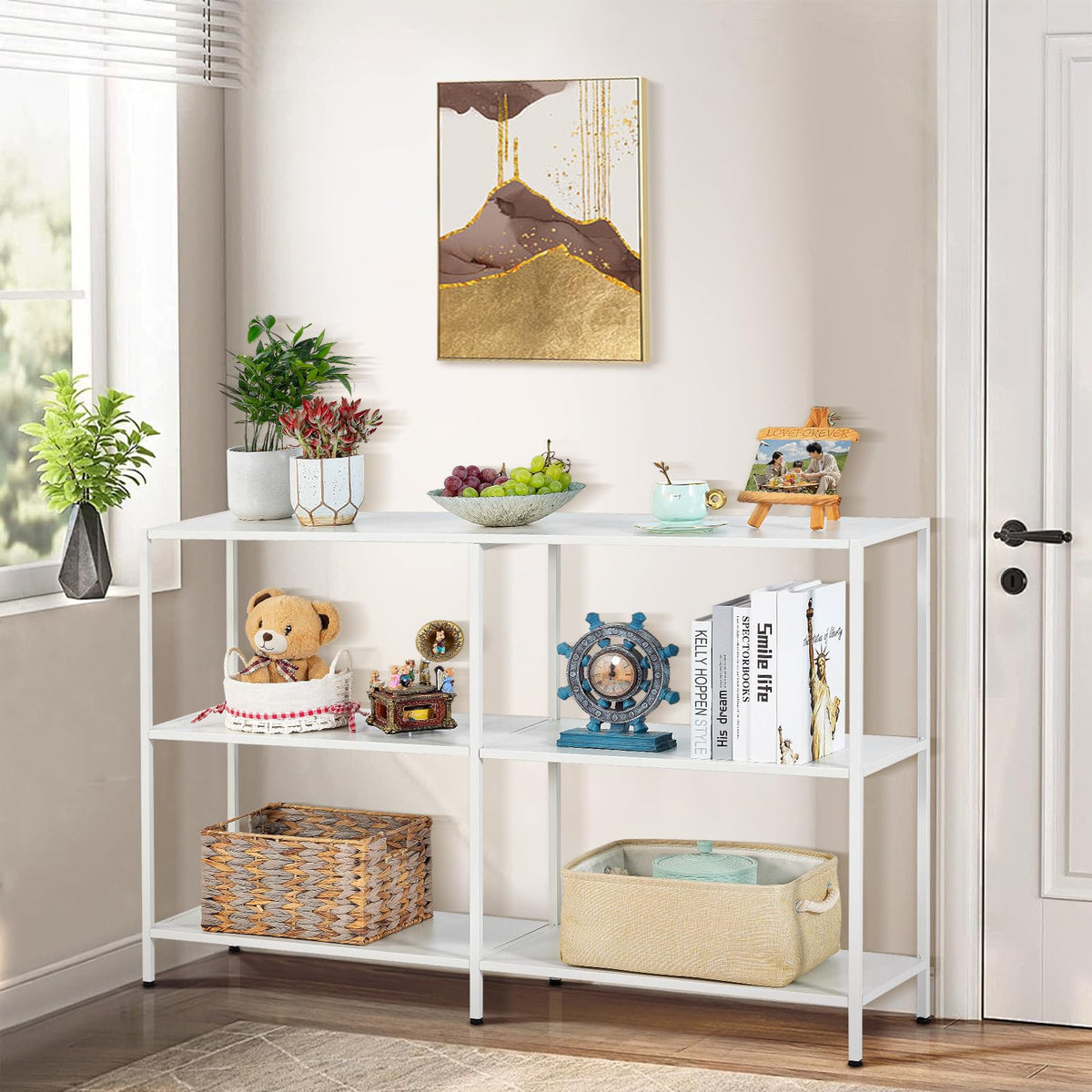 HDANI 120cm Metal Console Table with 3 Tier Strage Shelves,Narrow Entryway Table,Modern Sofa Tables for Entryway, Living Room,Bedroom,White