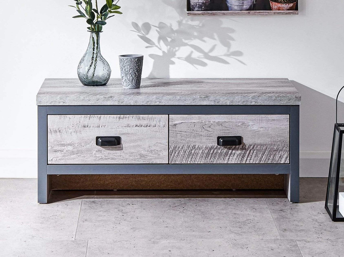 GFW Boston Grey Wood Effect Coffee Table, 2 Drawer Storage Coffee Table with Industrial Design and Chunky 30mm Top