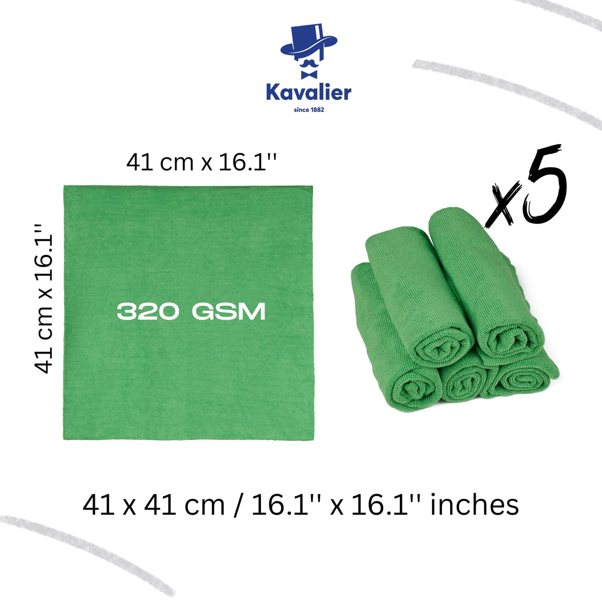 Kavalier ProClean Set of 5 Microfiber Towels, Ceramic Smooth Model - 41x41cm, 320gsm, 80% Polyester, 20% Polyamide - Green