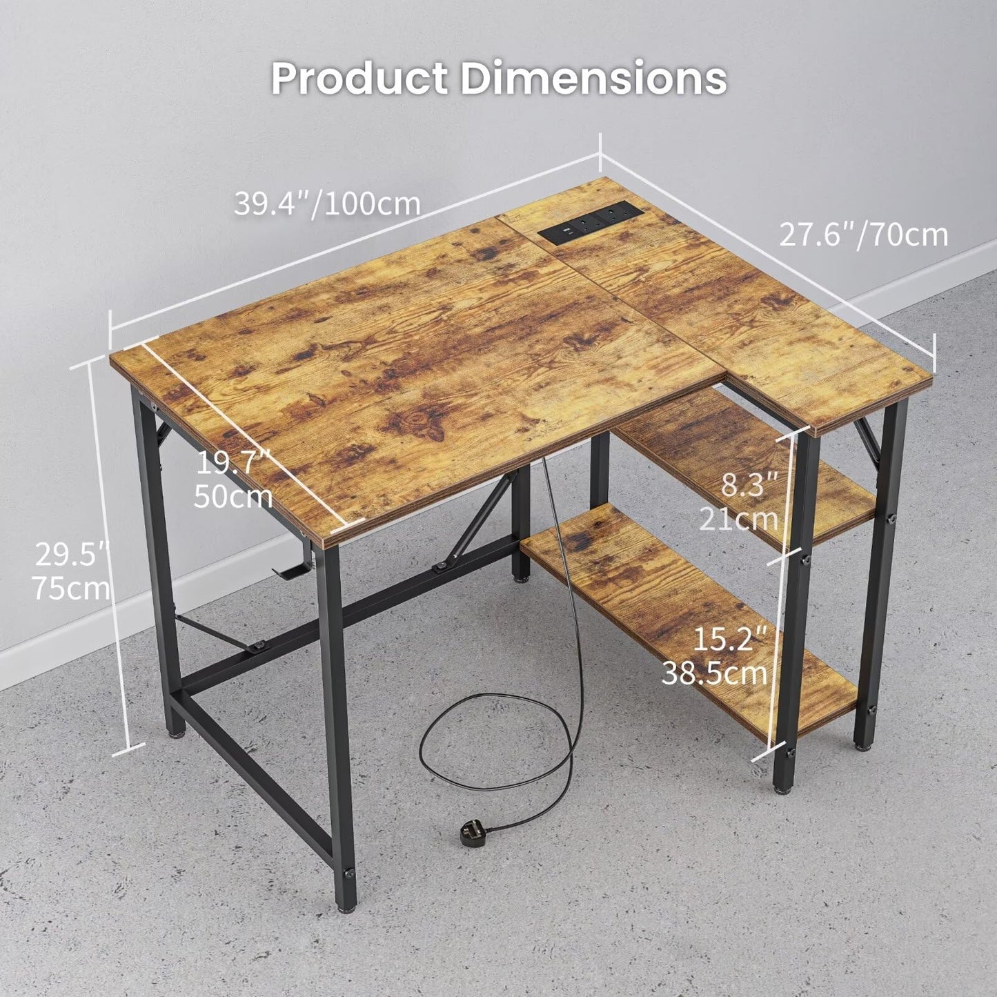 DOMSHOCT Small L Shaped Desk with Power Outlets&Hooks, 100x70cm Corner Computer Desk PC Gaming Desk, Large Storage Reversible Shelves, Home Office