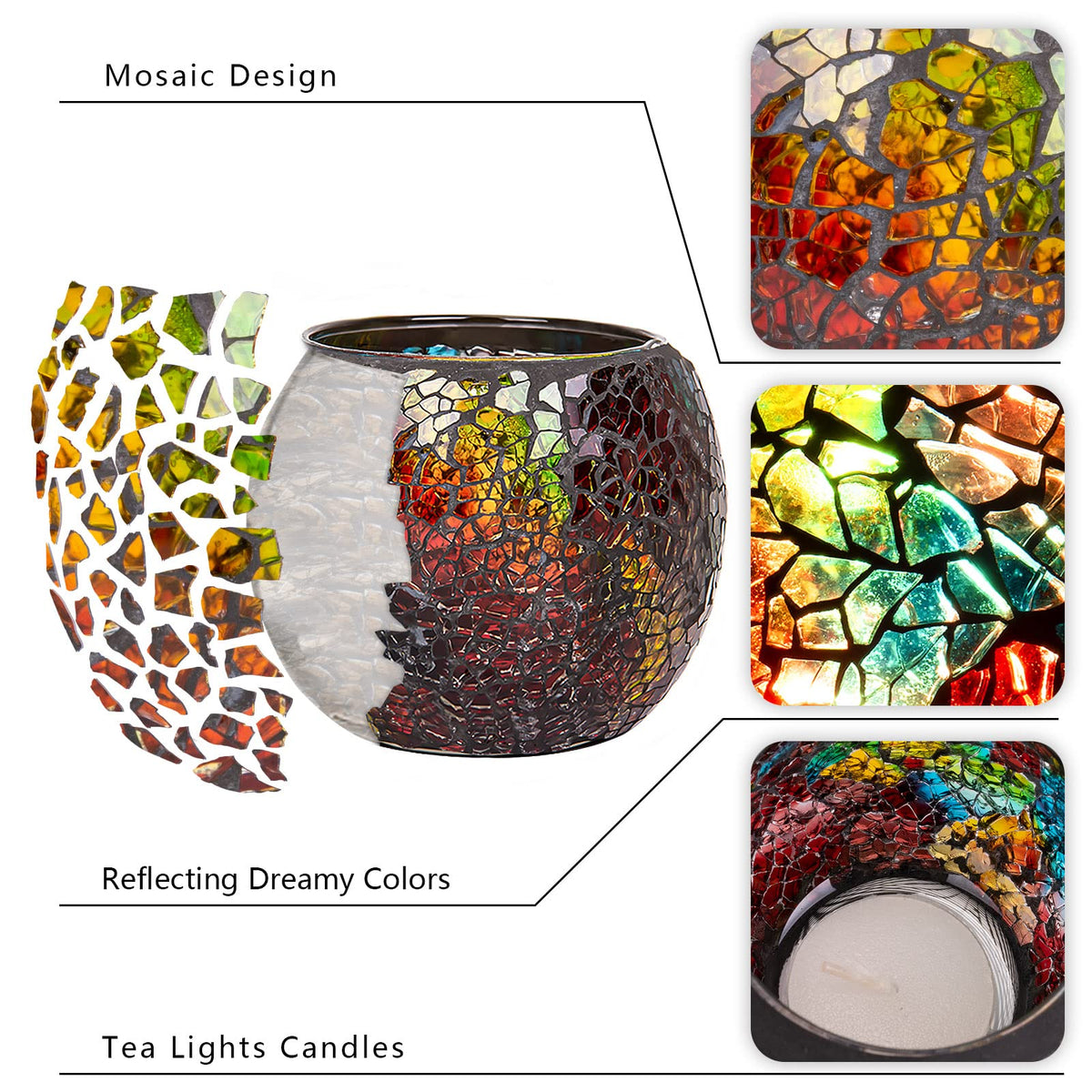 Larcenciel Mosaic Glass Candle Holder/Tea Light Holder/Vase/Pen Holder, Romantic Handmade Shattered Glass Tea Light Candle Shade/Potted Plants Bowl