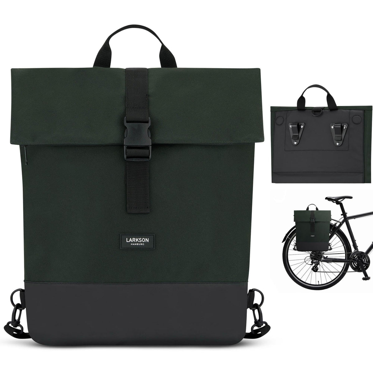 LARKSON Bike Pannier Dark Green - Tammo Bike - 2 in 1 Cycle Backpack & Bicycle Bag for Rear Carrier, Made of Recycled Material - Water-Repellent