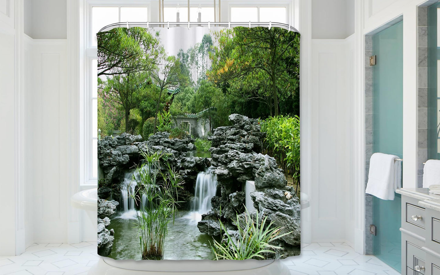 Simpomsy Japanese Shower Curtain Garden Shower Curtain Outdoor Pattern Bathroom Curtain Scenic Shower Curtains Garden Waterproof Polyester Fabric