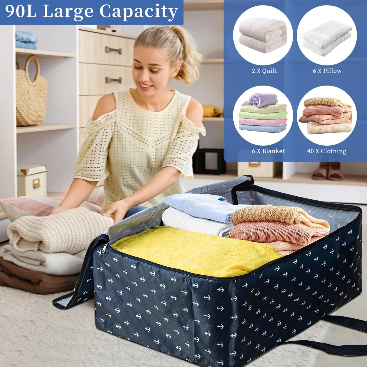 3 Pack Large Clothes Storage Bags with Zips,Moving Bags for Clothe, Underbed Storage Boxes with Lids for Bedding,Clothes,Duvets,Pillows