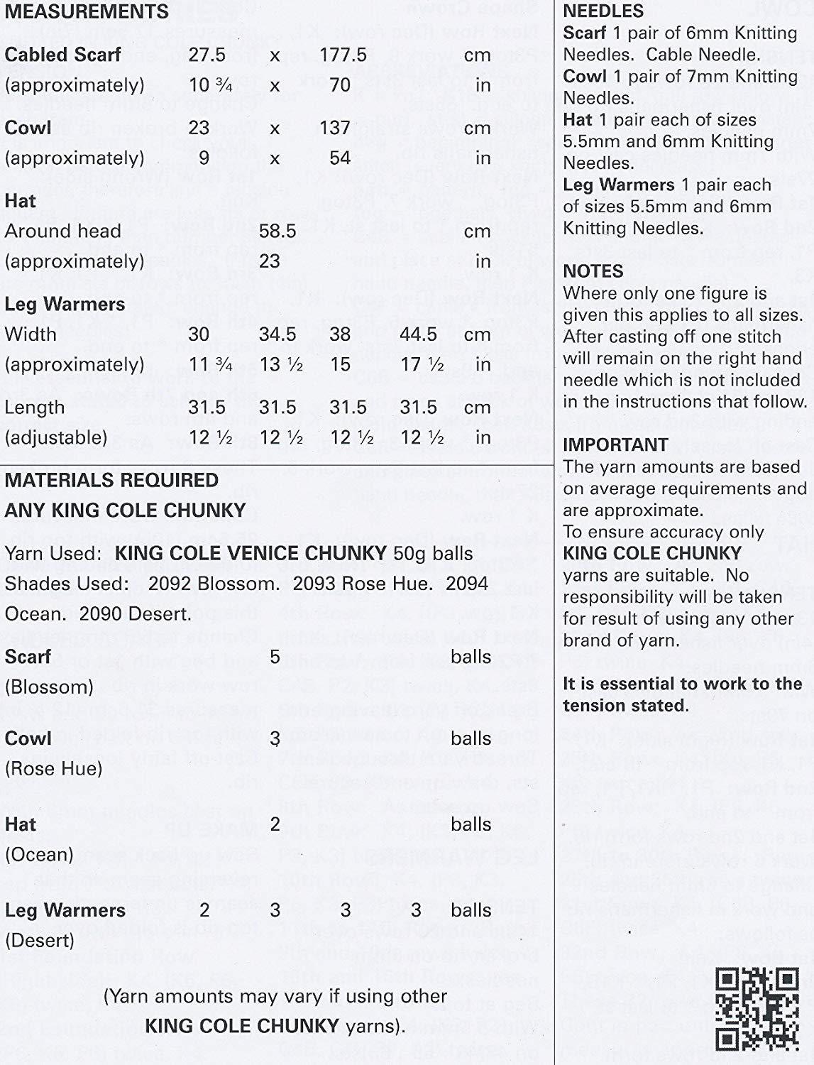 King Cole 4308 Knitting Pattern Leaflet Scarf, Cowl, Hat and Leg Warmers to knit in Venice Chunky