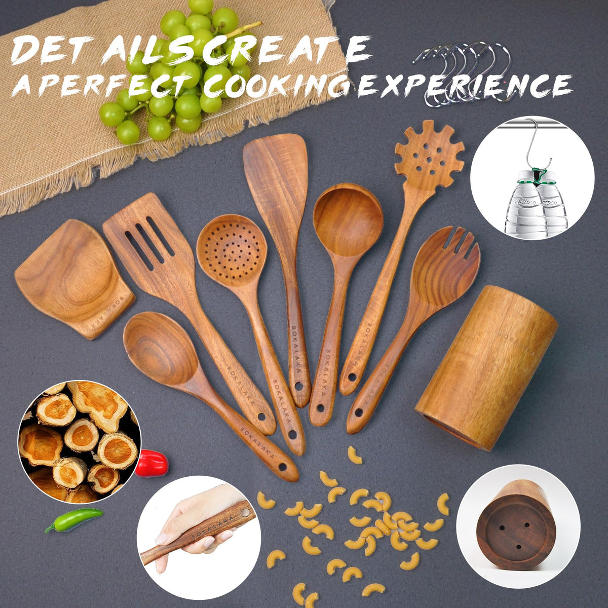 Wooden Spoons for Cooking, 9Pcs Wooden Utensils for Cooking,Wooden Cooking Utensils with Comfort Grip,Teak Wooden Kitchen Utensil Set with Utensils