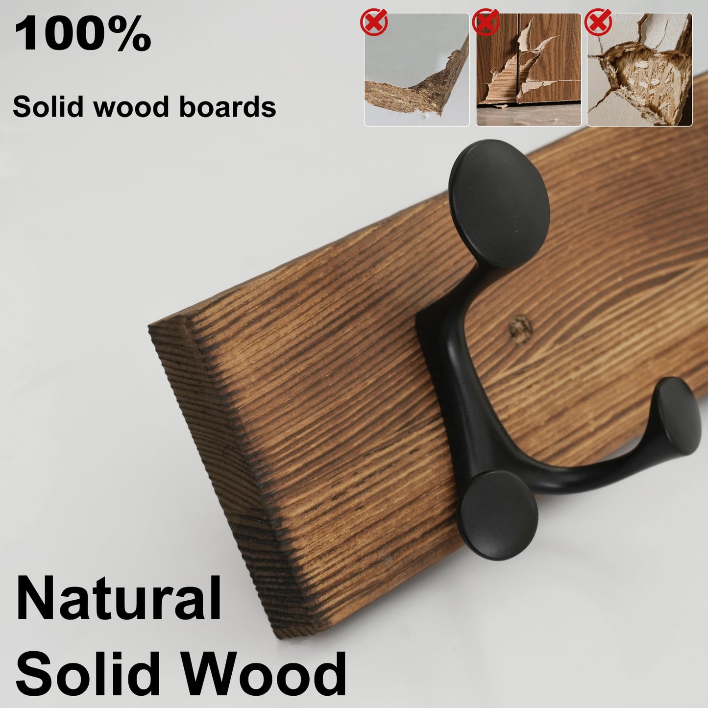HONSKY Wall Mounted Coat Rack, 43cm Brown Pine Wood Base, 3 Black Sturdy Aluminium Alloy Triple Hooks (9 Hanging Points)