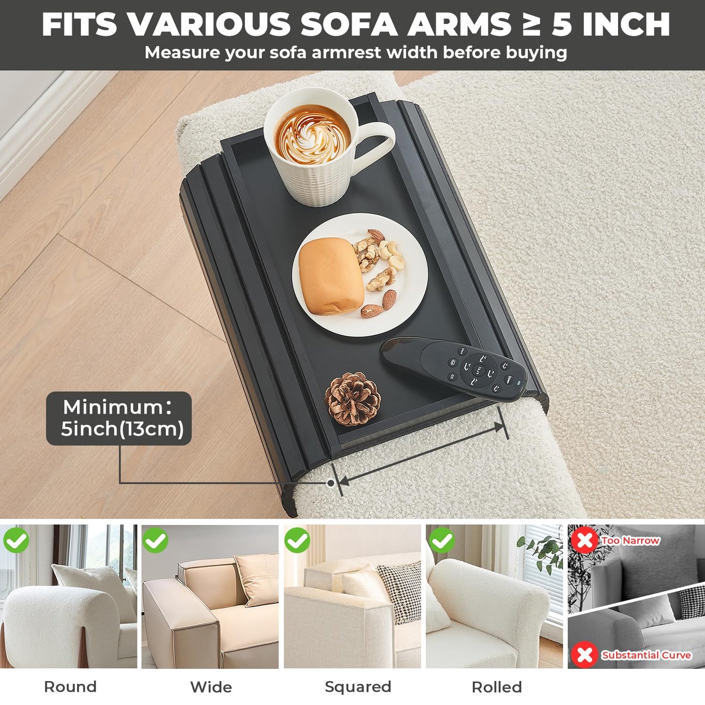 LOVYANXUE Bamboo Sofa Arm Tray, Anti Falling Couch Arm Tray Table, Foldable Couch Armrest Table, Portable Sofa Armrest Trays Cup Holder for Drink