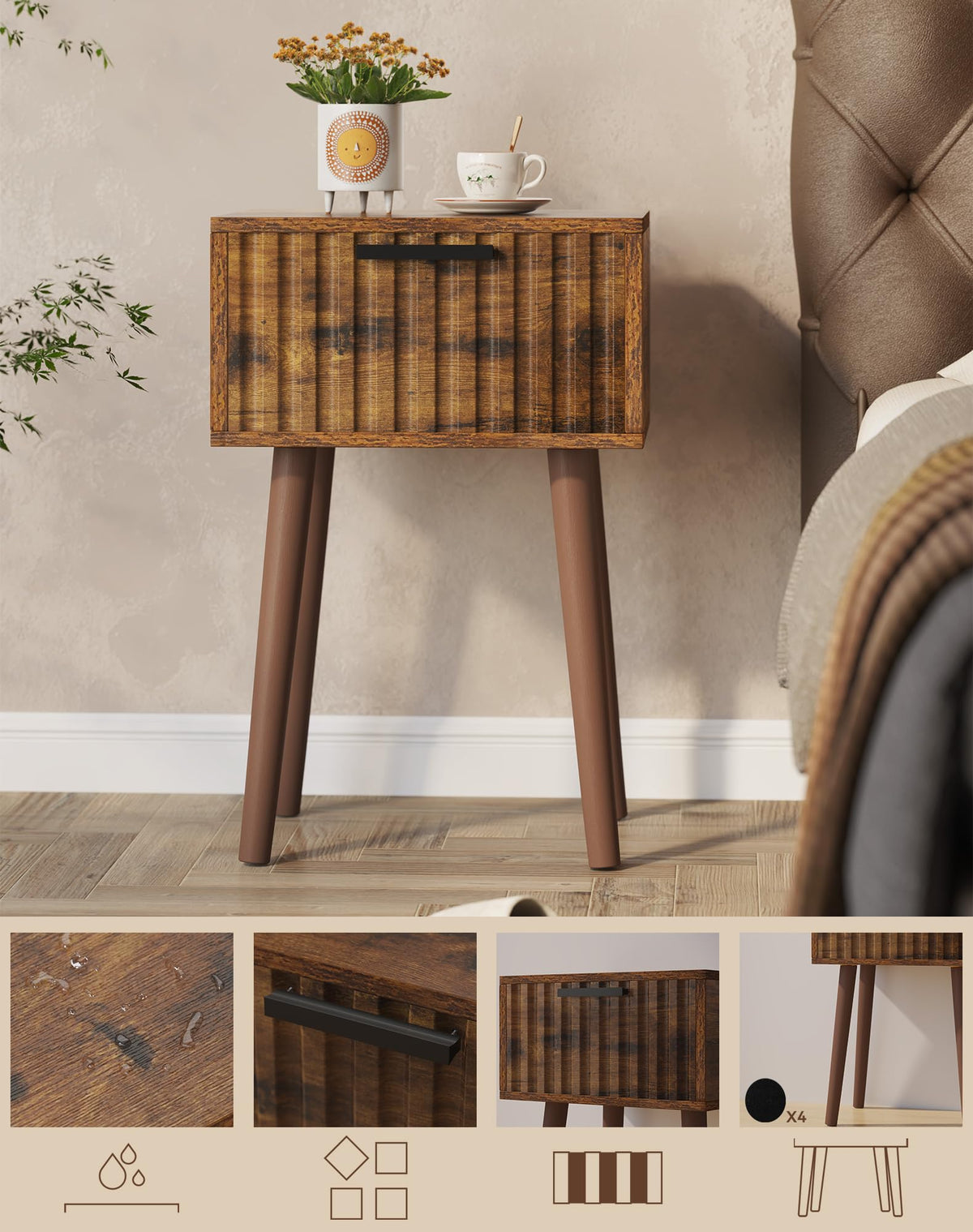 YMYNY Fluted Nightstand Set of 2, Small End Table, Modern Coffee Table with Drawer, Solid Wood Legs, Retaining Chain, 35x27x53cm