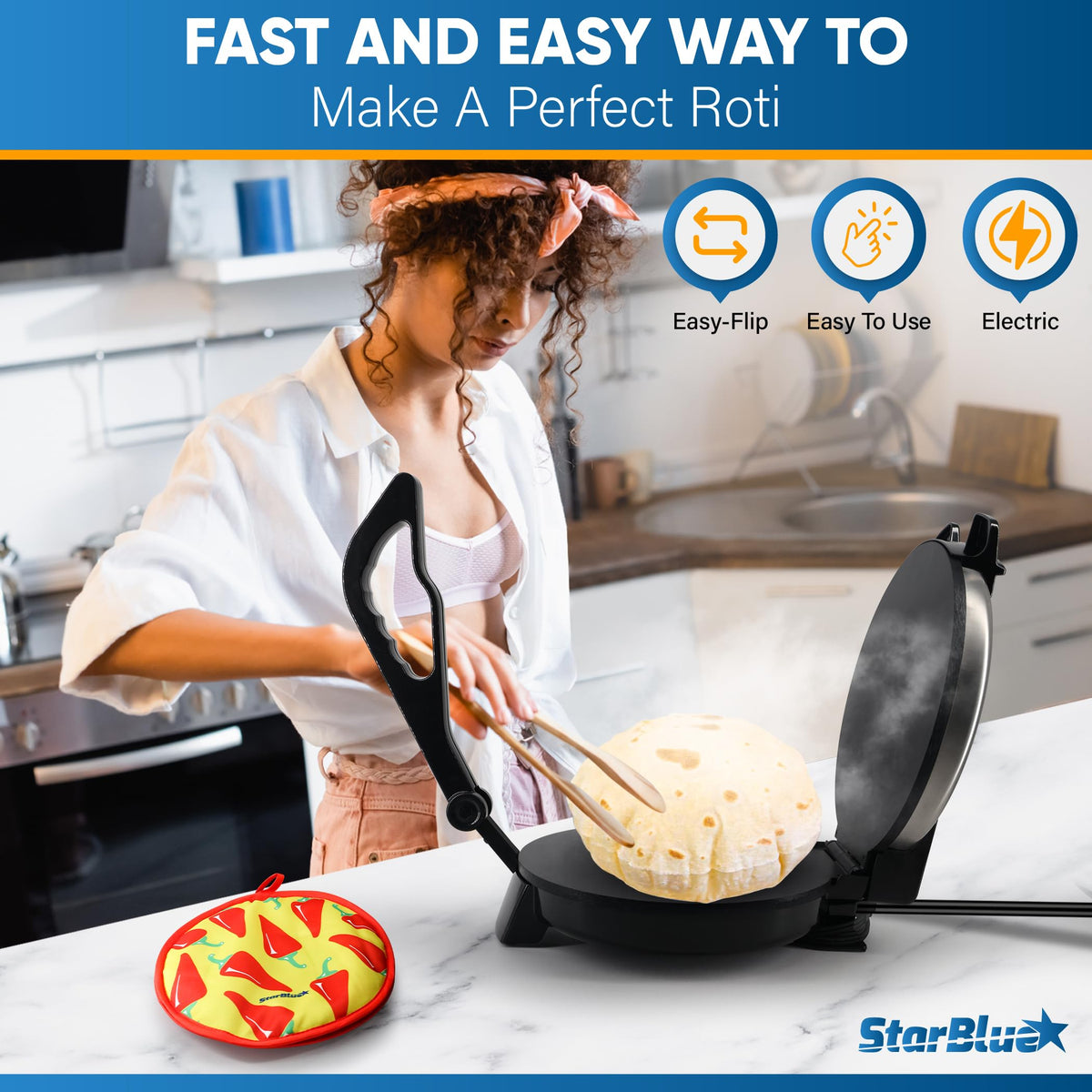 StarBlue 25.4cm Roti Maker Machine with Free Roti Heater and Removable Handle - Indian Chapati, Tortilla, Roti AC220-240V 50/60Hz 1200W, UK Plug