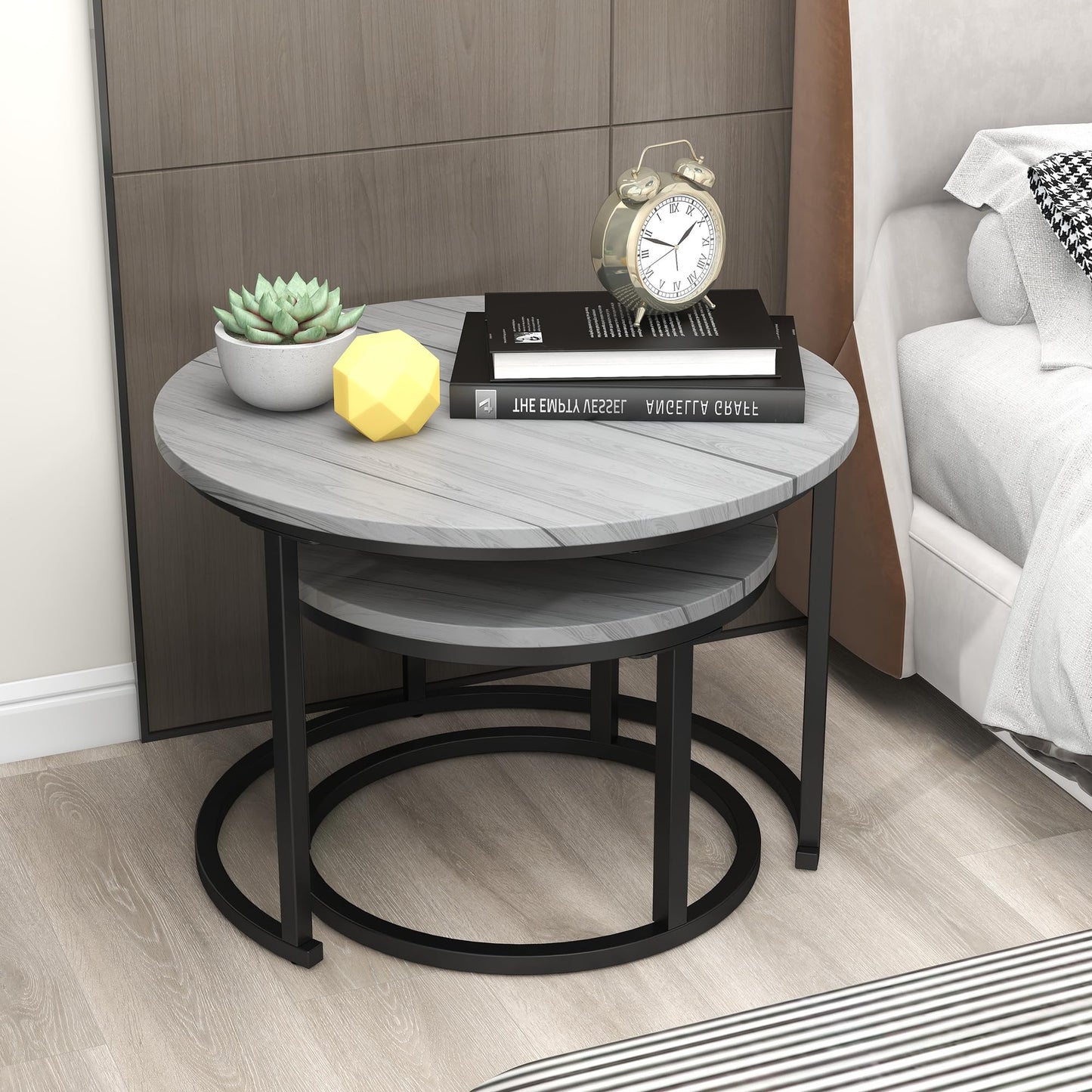 DUMEE Round Coffee Table, Set of 2 Nesting Table Side Table, for Living Room/Bedroom/Balcony (Grey, Dia 60/40cm)