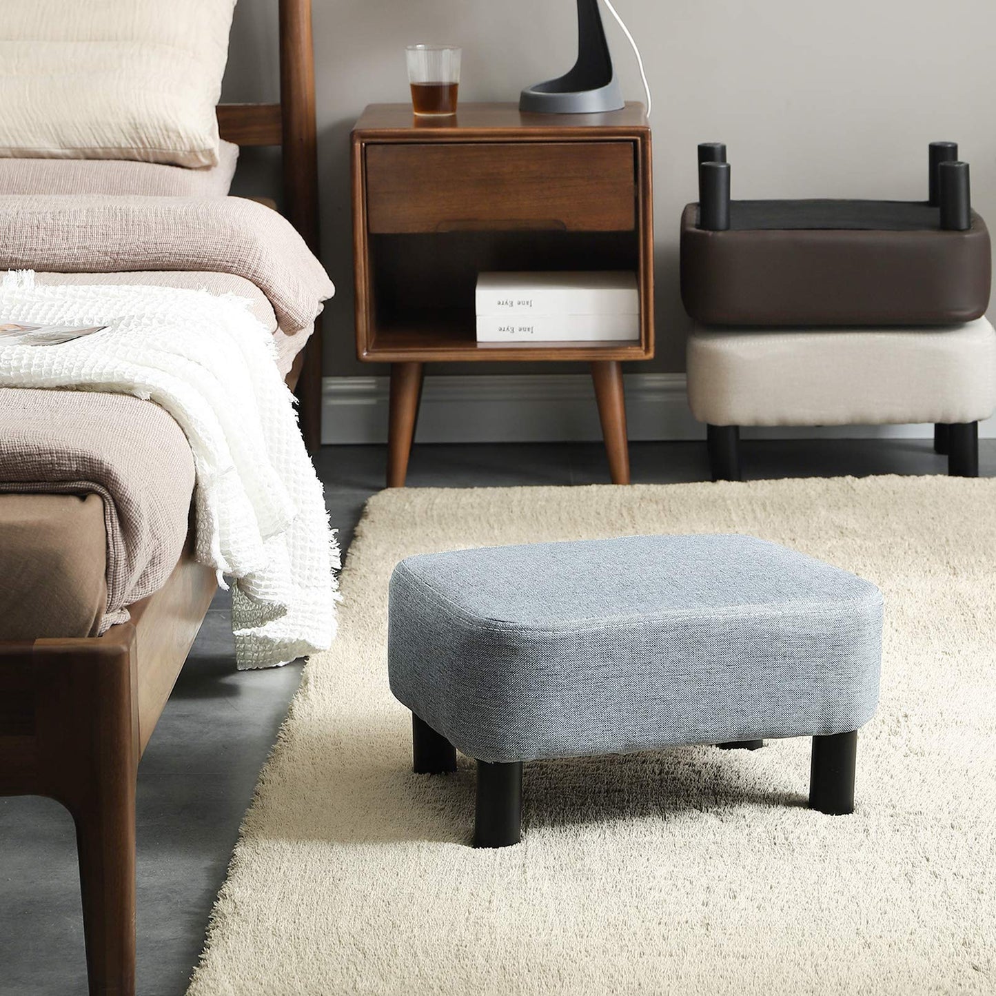 YMYNY 42CM Footstool, Rectangle Ottoman with Stable Wooden Legs, Modern Linen Fabric Footrest, Change Shoes Stool for Living Room