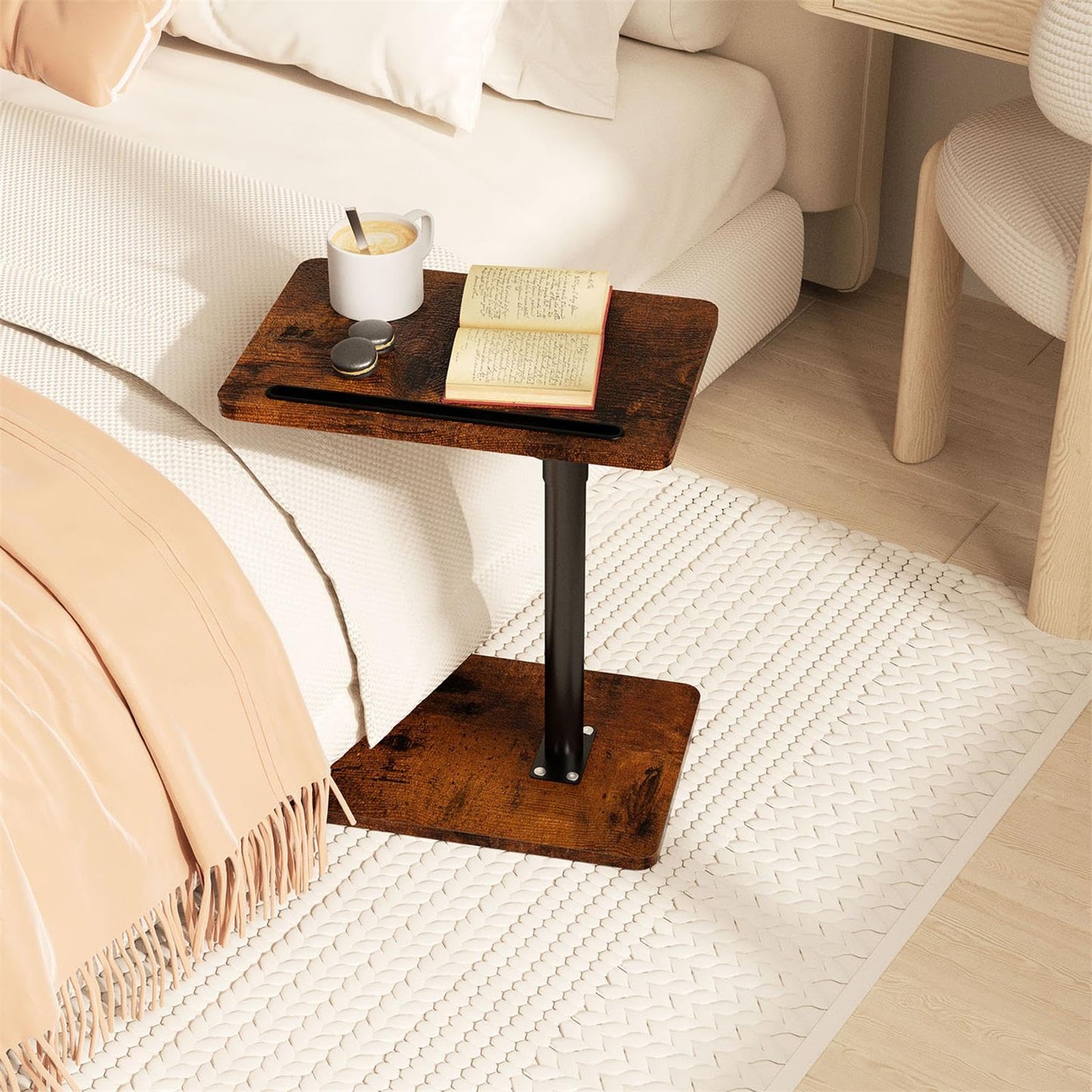 YUHFERA Couch Side Table - 360Swivel Height Adjustable End Table,Sofa Armrest Tray Table,Snack Side Table for Bed or Chair with Phone & Tablet Slot