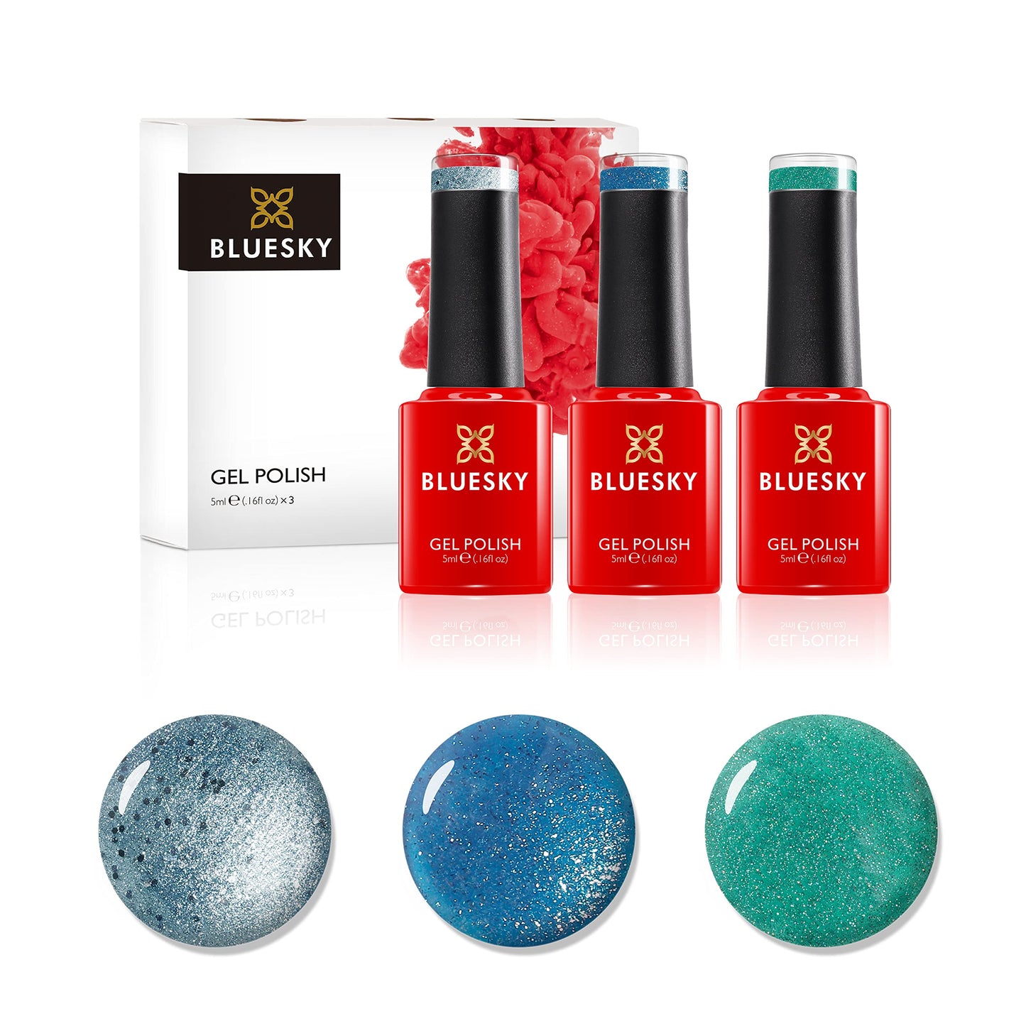 Bluesky Gel Nail Polish Set, Crystal Teals, Seabed Pch40, Glacial Mist 80612, Electric Glitter Blue Lt065, 3 x 5 ml, Shimmer, Blue, Green,(Requires