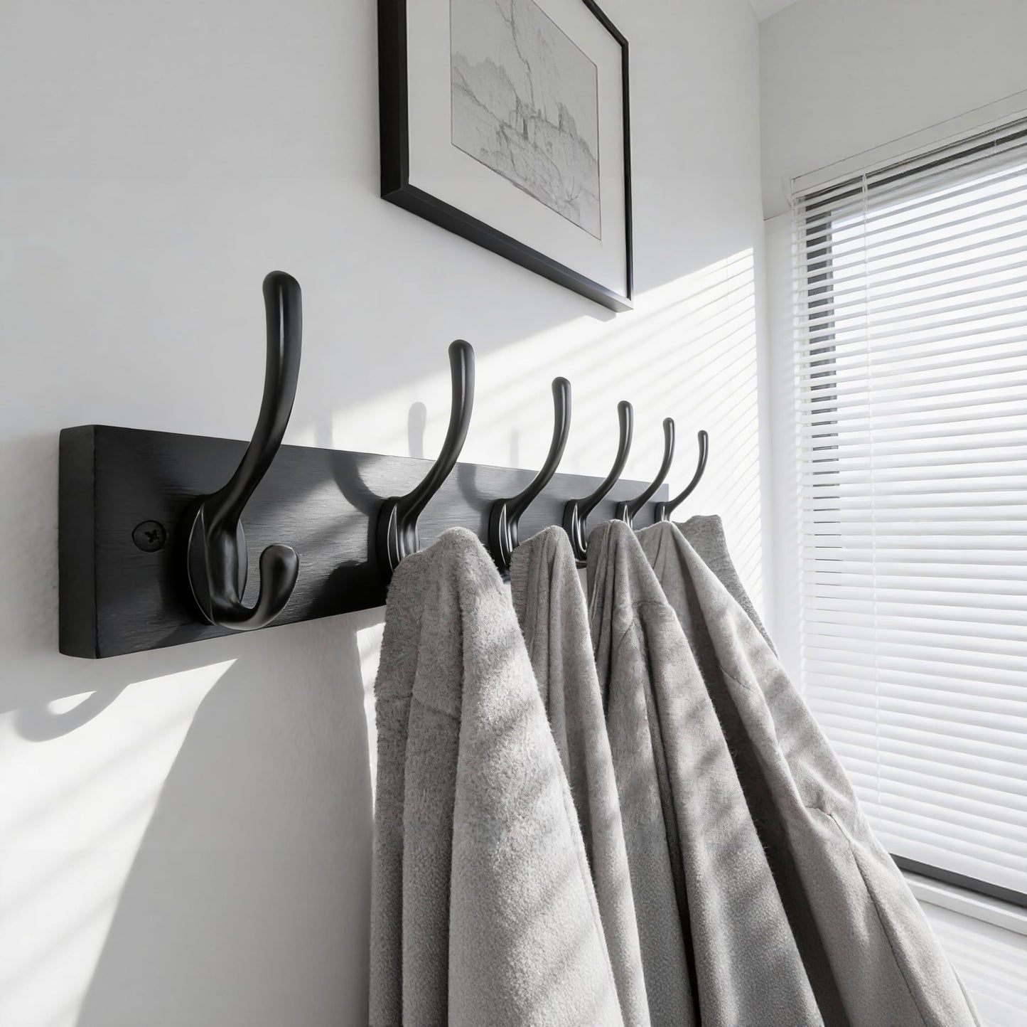 HONSKY Wall Coat Rack,Wooden Wall Coat Hook,6 Double Hooks,44cm,Coat and Towel Hanger Storage for Entryway, Bathroom, Bedroom