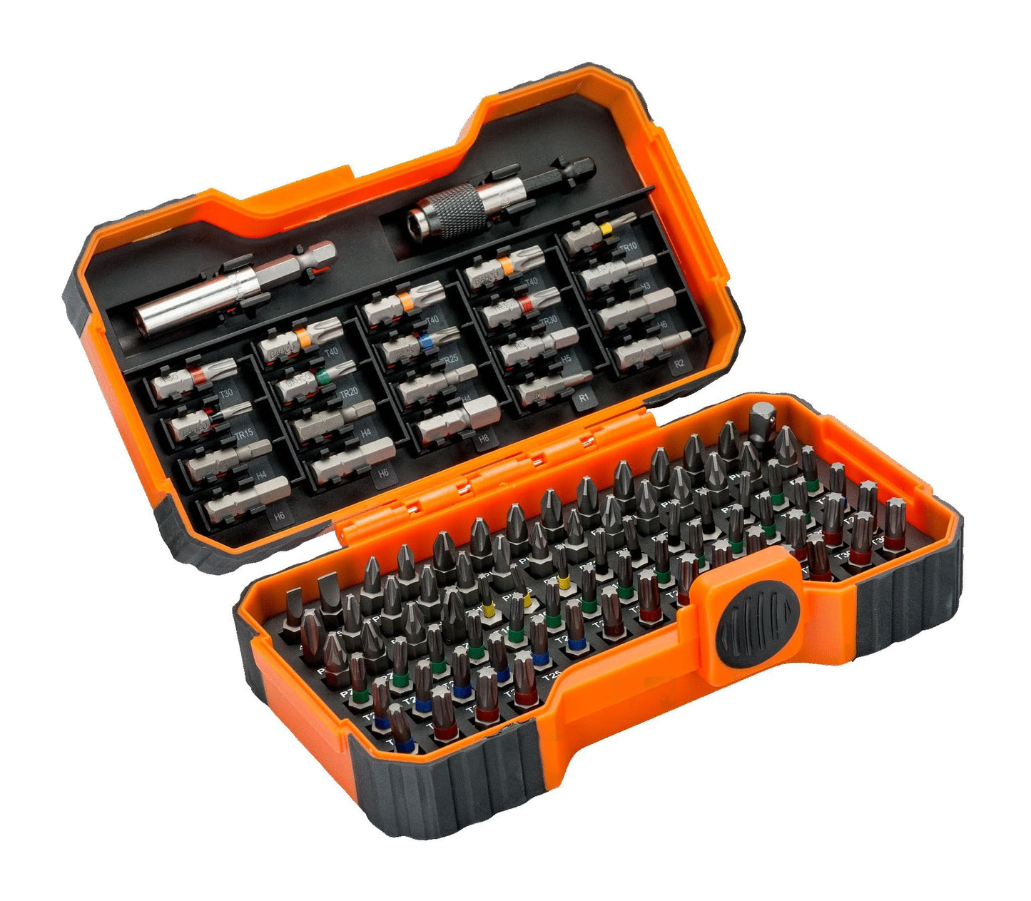 Bahco 59/S100BC 100 pcs bit set for Slotted, Phillips, Pozidriv, Hexagon, Robertson and coloured TORX?,TORX? Tamper, head screws