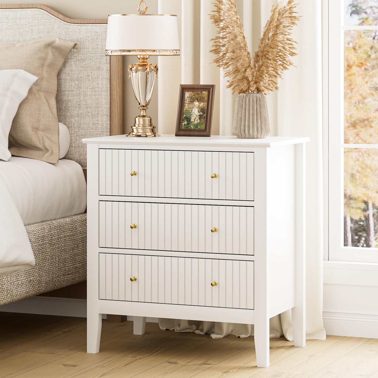 Apetaccat Large Bedside Table Bedroom, 3 Drawer Chest of Drawers, Bedside Cabinet With Metal Handles,for Bedroom Livingroom,Hallway,White