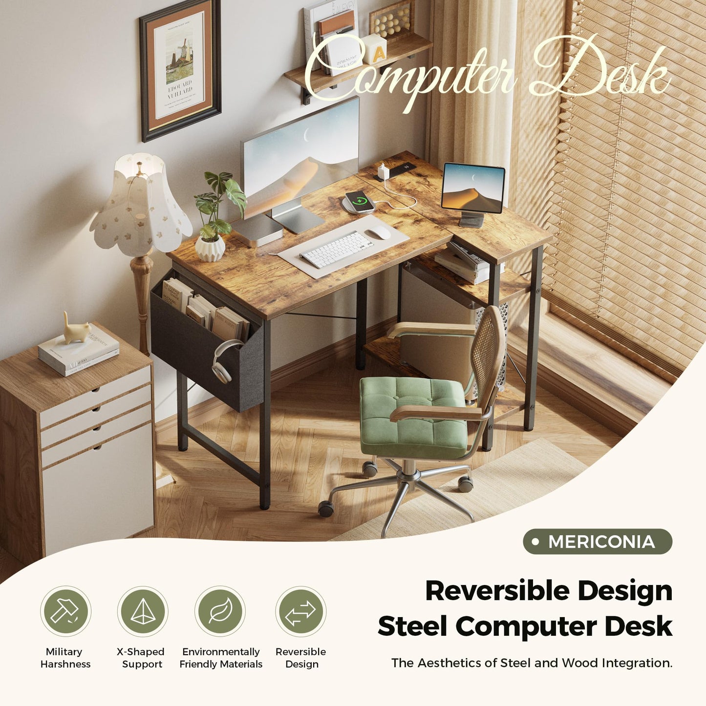 Mericonia Reversible Corner Desk, w. Power Outlets, 120x70cm, Brown
