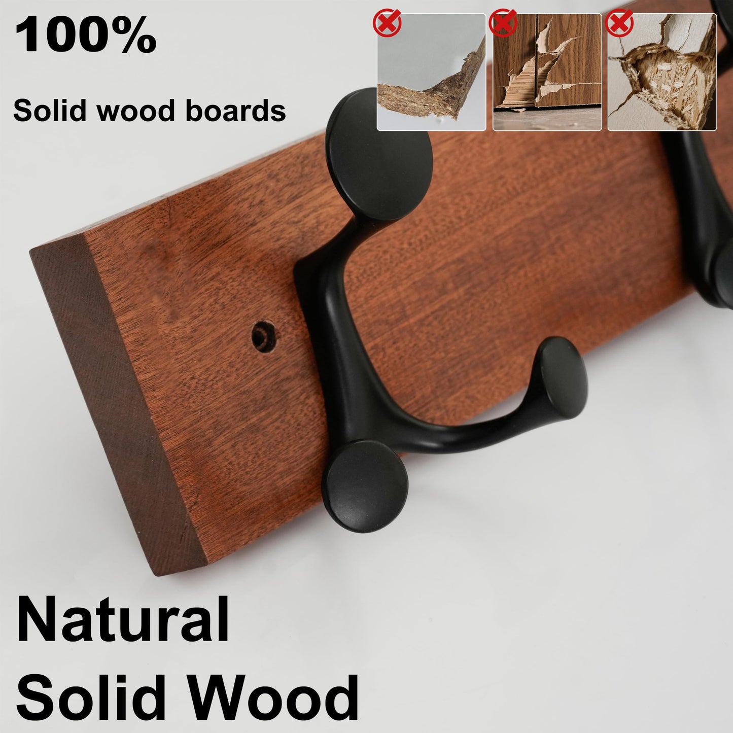 HONSKY Wall Mounted Coat Rack, 76cm Solid Sapele Wood Backboard,5 Black Sturdy Aluminium Alloy Triple Hooks(15 Hanging Points)
